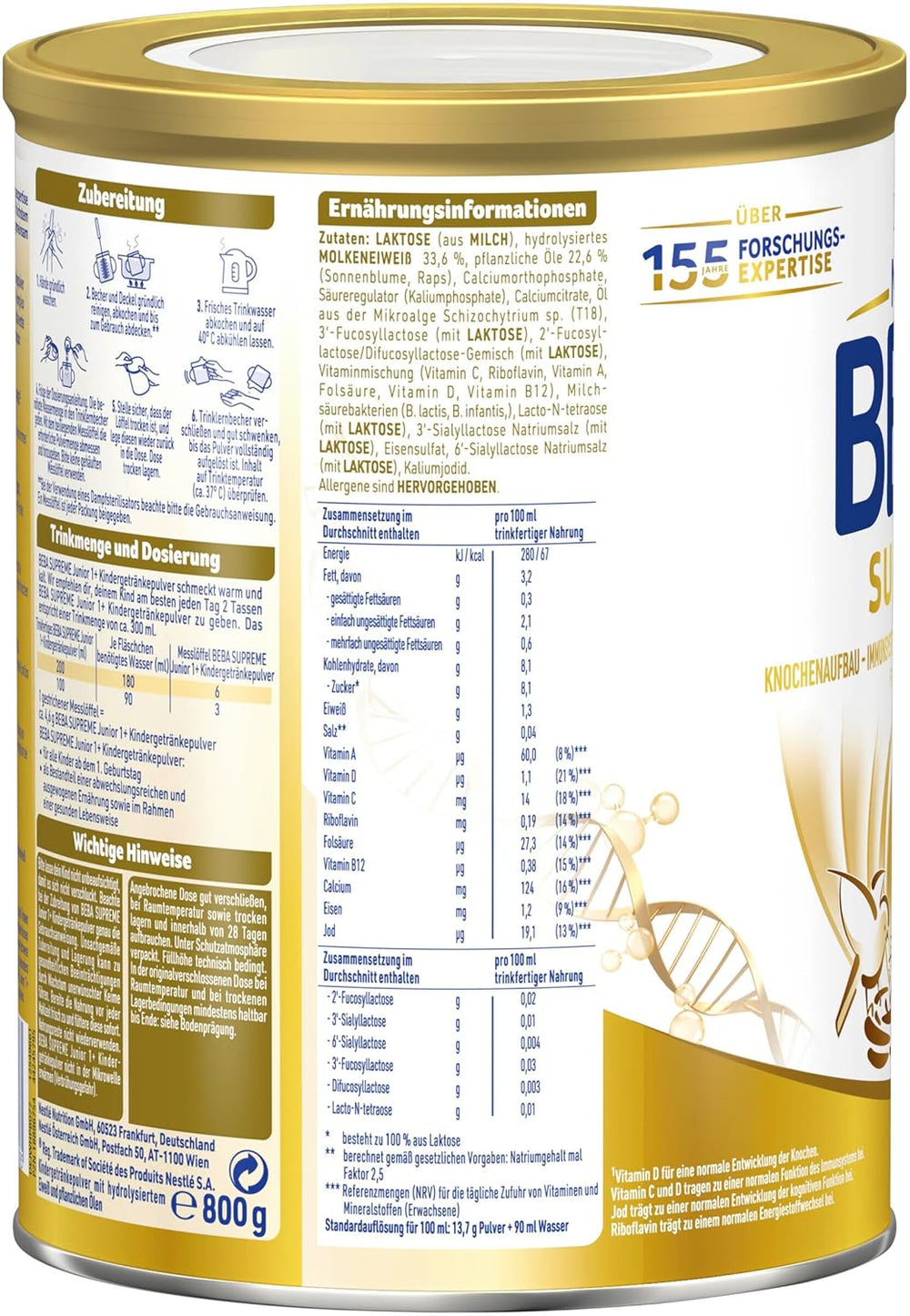 BEBA SUPREME JUNIOR 1 Plus - Drink for children from 1 year, with complex 6 HMO, lactose free, palm oil free, fish oil free, food for small children, baby milk powder, pack of 6 (6 x 800g)
