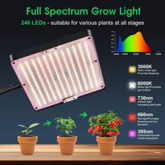 Full Spectrum LED Plant Light with Adjustable Stand, 246 LEDs with Timer and 9 Brightness Levels, Plant Light for Flowering Vegetables, Hydroponics and Seeds, for Beginners and Indoor Gardeners