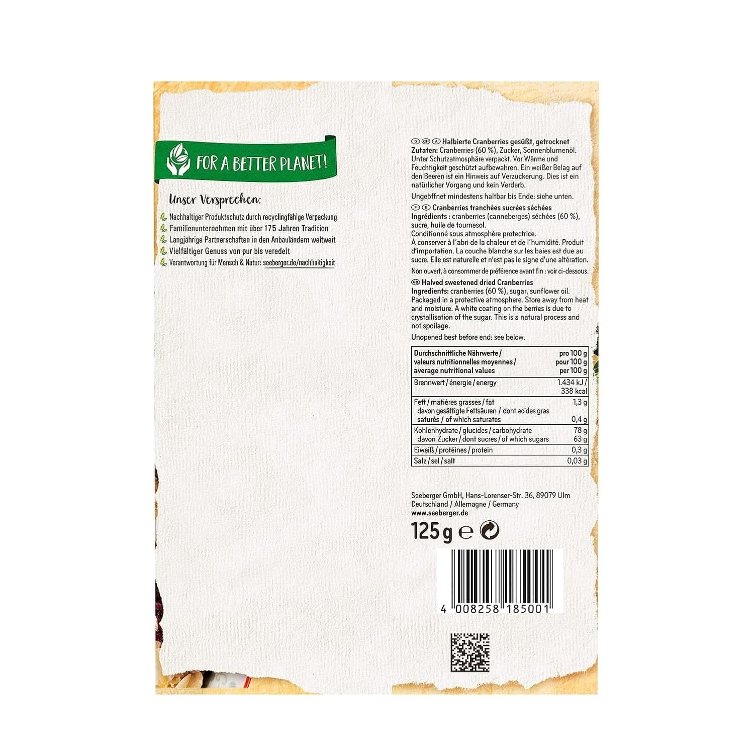 Seeberger Cranberries, Halved Canadian Cranberries, Fruity and Sweet, 13 x 125 grams Naty Shop Dehydrated Products