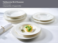 Ritzenhoff & Breker Sofia Tafelservice 12-teilig, Speiseteller (26 cm) und Suppenteller (22 cm) für 6 Personen, Tafel-Set mit feinem Rillenrelief, Fine-Dining-Geschirr, Porzellan, Weiß