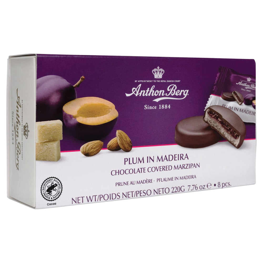 Plum in Madeira – 220g – Marzipan specialty with fruit and alcohol – 8 dark chocolate coins with plum jelly and Madeira wine – Gift idea