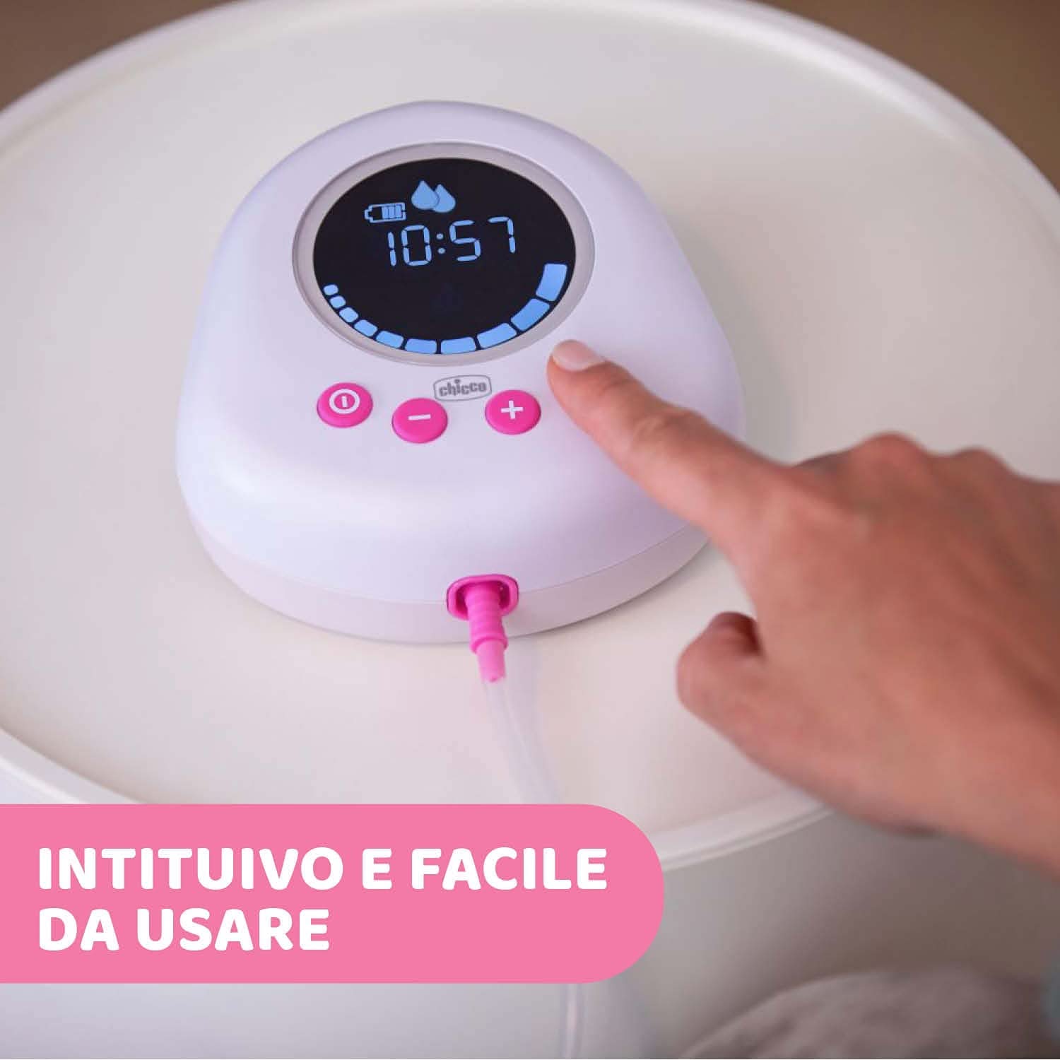 Pompă electrică pentru sân Chicco cu faze de stimulare și extracție, 10 niveluri de intensitate, confortabilă și rapidă, formă ergonomică, cu tetina înclinată și capac etanș, alb, 150 ml Accesorii Hrana si Alaptare Bebe Naty Shop