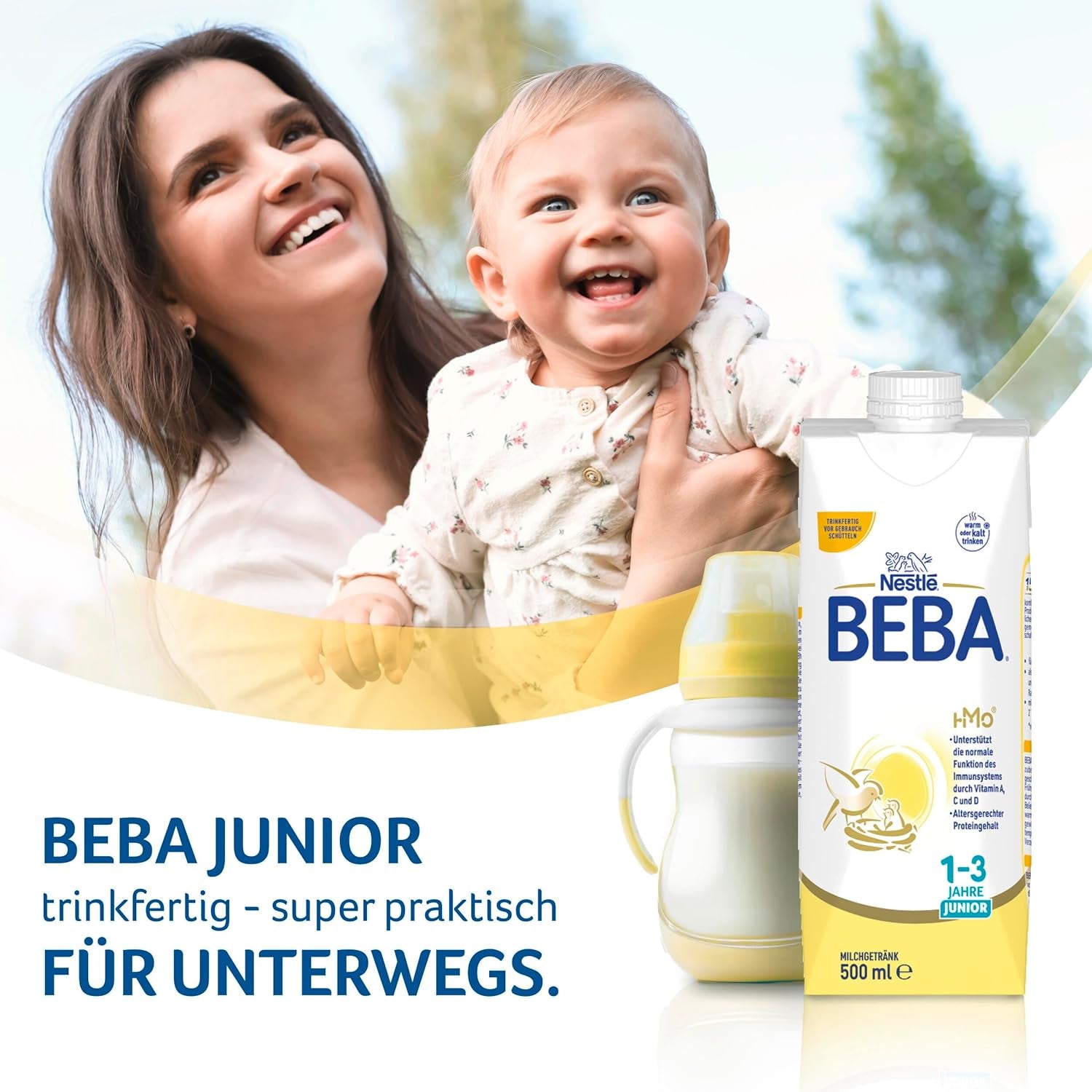 BEBA Junior Ready-to-Drink Milk Drink 1-3 Years, With HMO, Age Appropriate Protein Content, Palm Oil Free, Fish Oil Free, Toddler Food, Pack of 12 (12 x 500ml)
