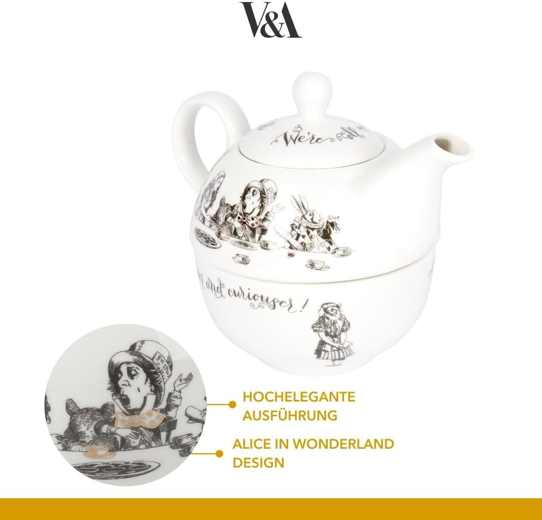 Set ceainic și ceașcă Alice în Țara Minunilor pentru 1 persoană în cutie cadou, serviciu de ceai din porțelan fin, alb, 250 ml