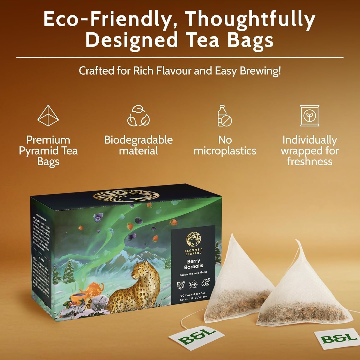 Blooms &amp; Leopard Premium Green Tea Bags – Amestec Berry Borealis cu hibiscus, afine, căpșuni și mentă verde – 20 pliculețe de ceai piramidale pentru ceai cald sau rece