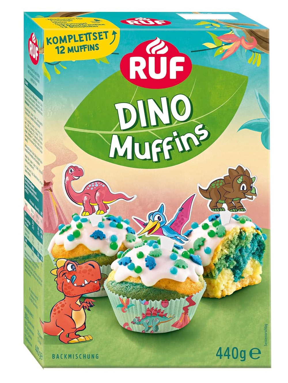RUF Dinolino Cake, Tricolor sheet cake with lemon flavor, 850 grams Sprinkles Naty Shop Dinomuffins
