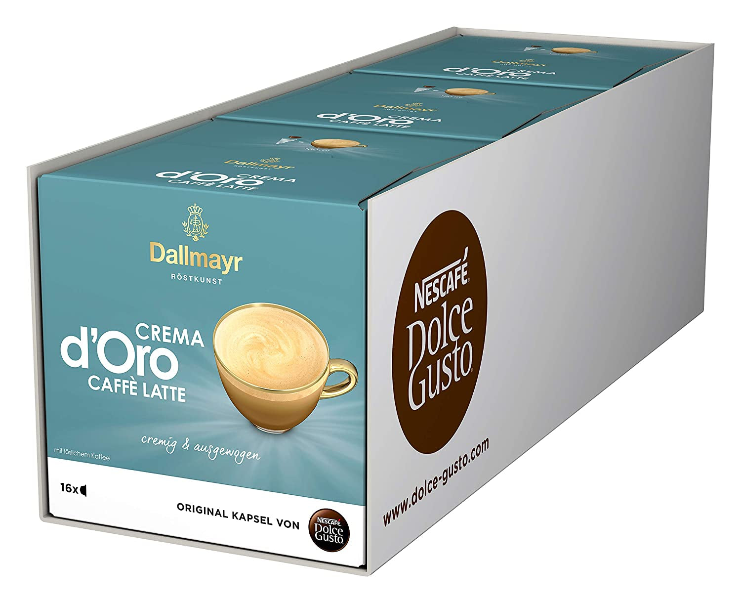 NESCAFÉ Dolce Gusto Dallmayr Prodomo, XXL-Vorratsbox, 90 Kaffeekapseln (3 x 30 Kapseln) & Dallmayr Crema d'Oro Caffè Latte (48 Kaffeekapseln, 48 Getränke, cremig&ausgewogen) 3er Pack (3 x 16 Kapseln)