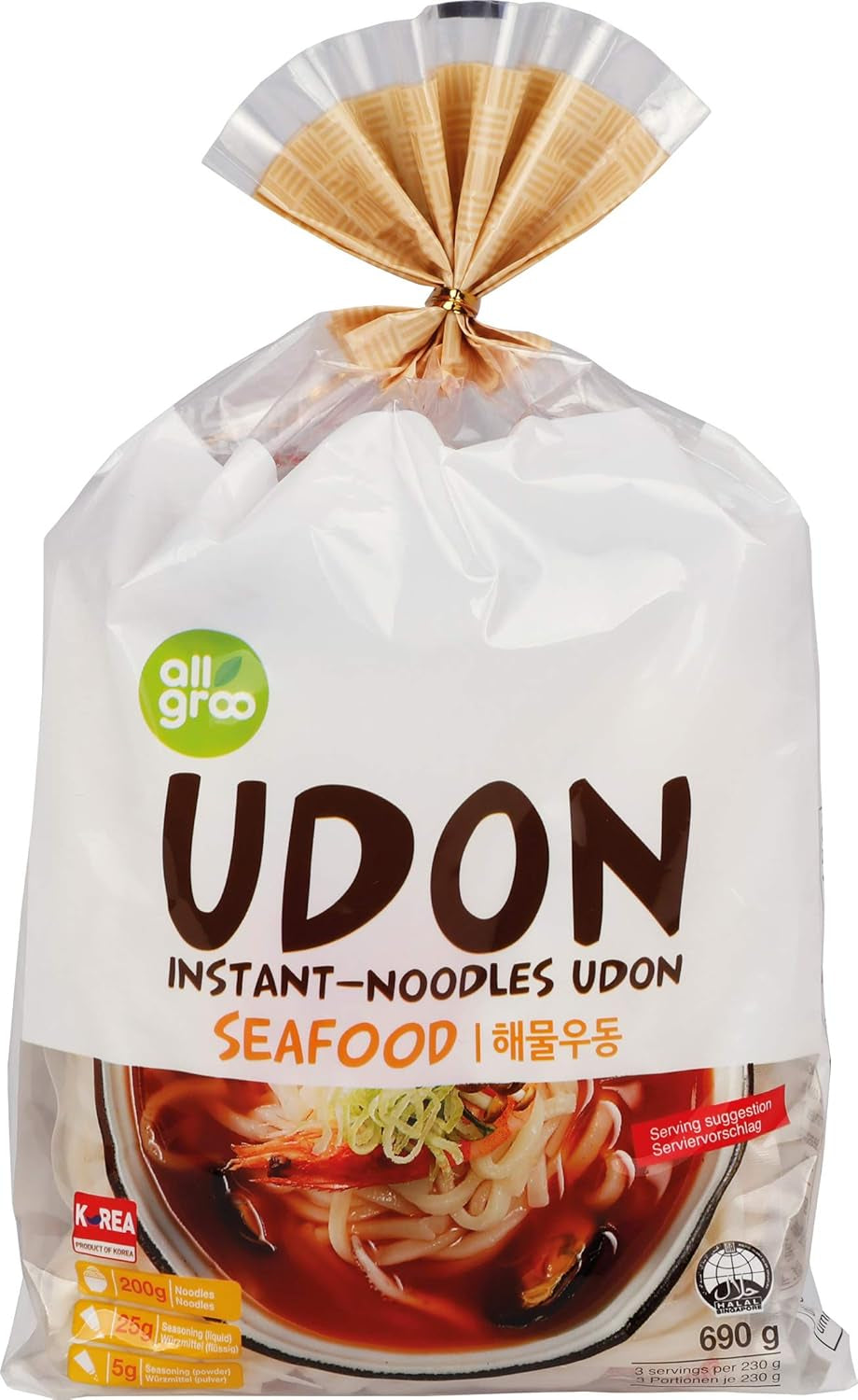 Allgroo Udon Instant Noodles - Spicy Udon Soup, quick preparation - Contains 3 servings - 1 x 690g