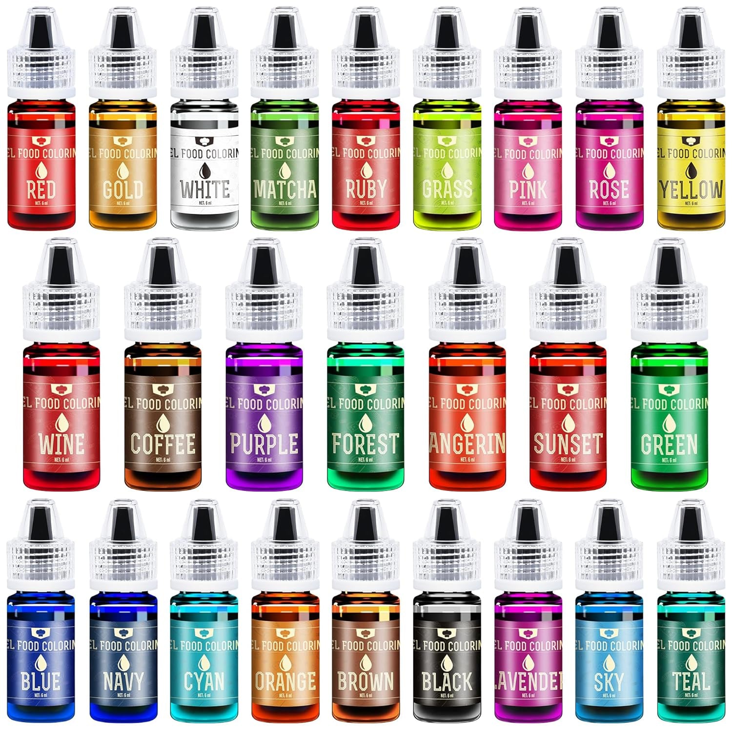 Colorant alimentar cu gel - 16 coloranți alimentari vibranți pentru copt, decorarea torturilor, glazură, fursecuri, fondant și macaroane - Colorant alimentar cu gel pentru fabricarea săpunului și meșteșuguri - 6 ml fiecare