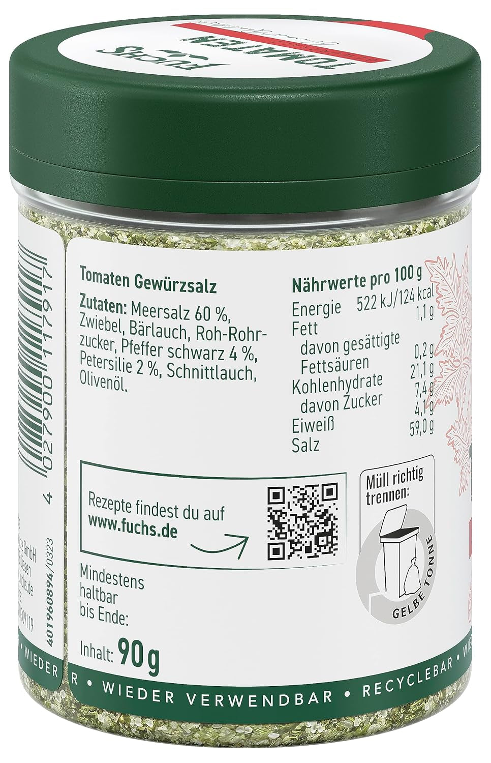 Fuchs Gewürze - Tomato Gewürz - Gewürzsalz für Tomatenbrot, Frühstücksei oder Steak - natural ingredients - 90 g in wiederverwendbarer, recyclebarer Dose