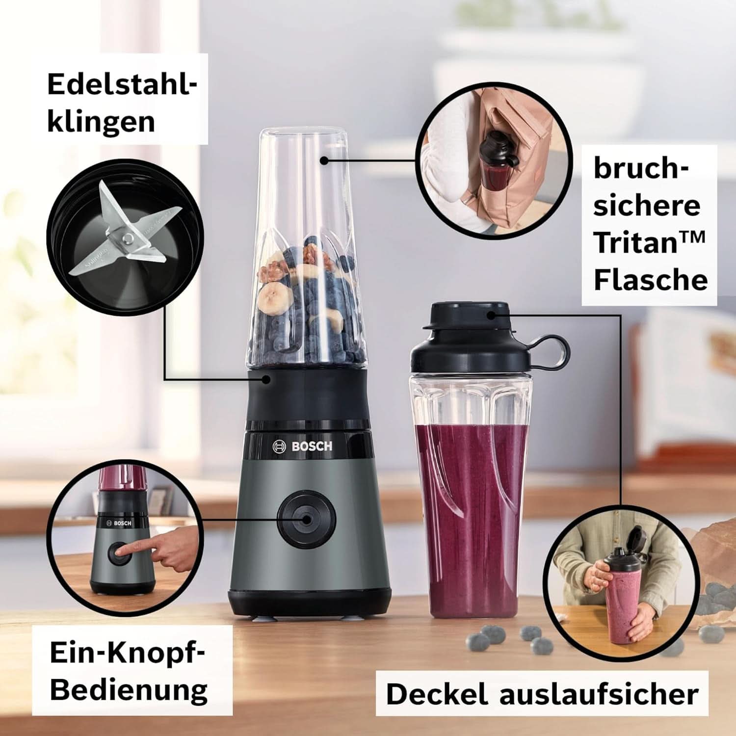 Bosch Mini-Standmixer Vitapower Serie 2 MMB2111S, Highspeed-Mixer, Bis Zu 40,000 Rpm, Tritan Togo-Flasche 0.6 L, Trinkdeckel, Bruchsicher, Spülmasch.Geeignete Teile, 450W, Silber/Schwarz Kitchen Naty Shop