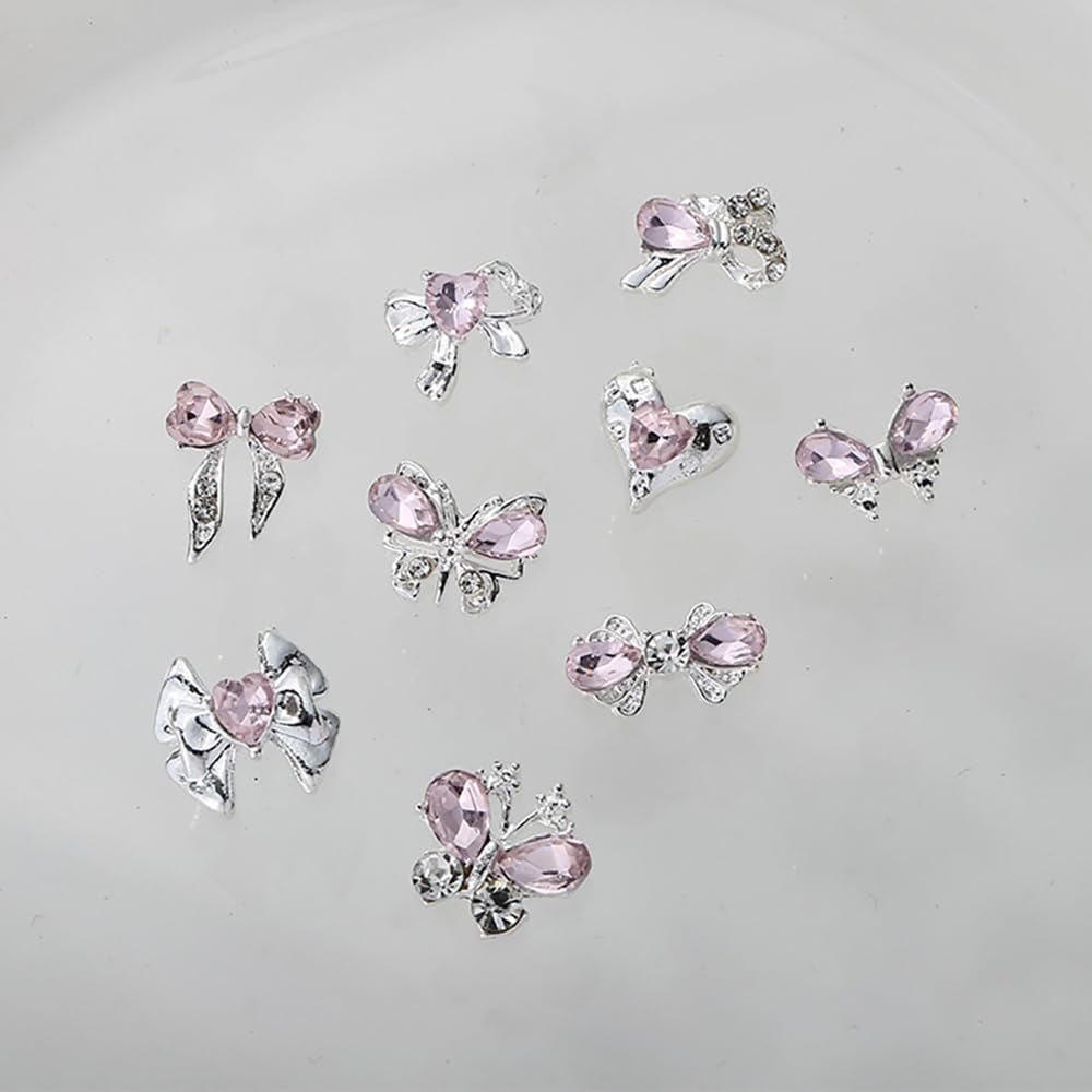 Luxus Rosa Diamant Nagel Charms 3D Butterfly Nail Art Charms Bow Nail Charms Y2K Heart Charms Nägel Zubehör Schmetterling Herz Schleife Nageldesign Edelsteine Strasssteine Glitzersteine Nagelschmuck