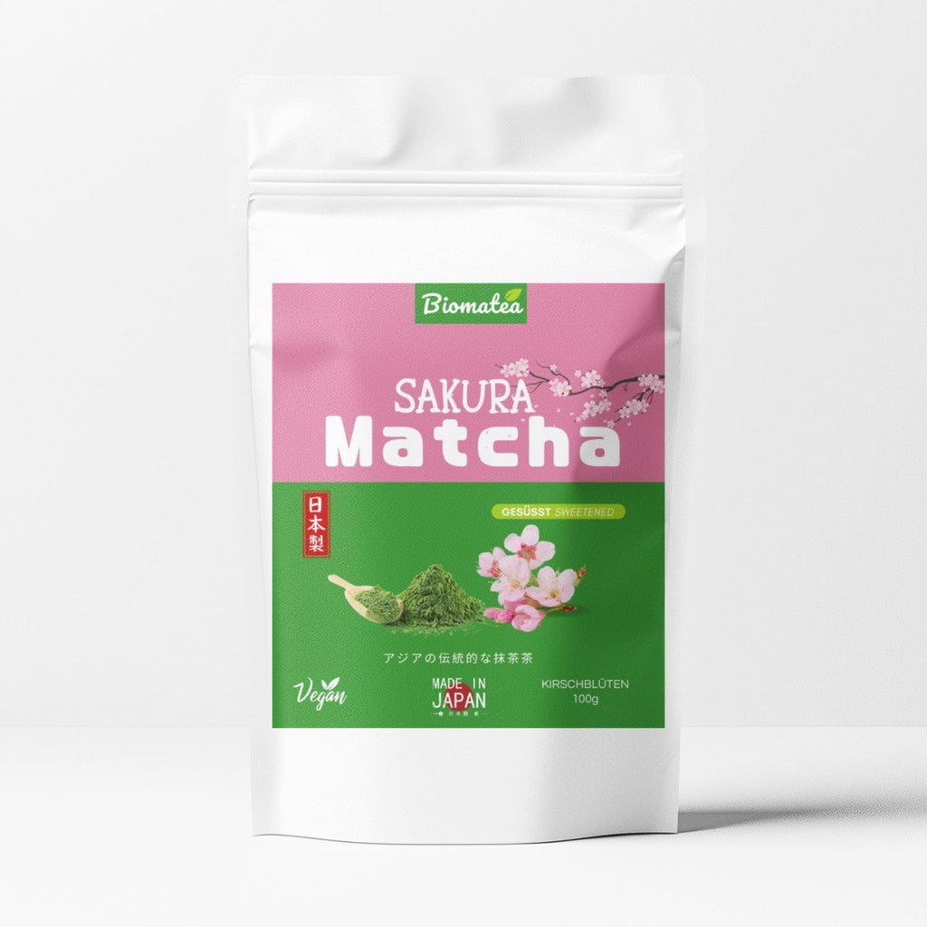 Pudră Matcha aromatizată – piersică japoneză, sakura sau mango – îndulcită – 100 g – solubilă instantaneu în apă sau lapte (Sakura)