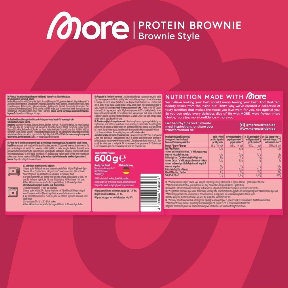 MORE Protein Brownie, 600G, Vegan Backmischung Für Brownies Mit Der Extra Portion Protein, Geprüfte Qualität - Made in Germany Mixture for baking and cooking Naty Shop
