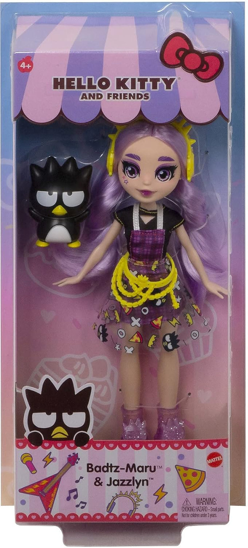 Mattel Hello Kitty GWW98 - Sanrio Badtz-Maru Figur und Jazzlyn Puppe (approx. 25.4 cm) mit Kleidung und Accessoires, langem lila Haar und trendy Outfit, tolles Geschenk für Kinder ab 3 Jahren