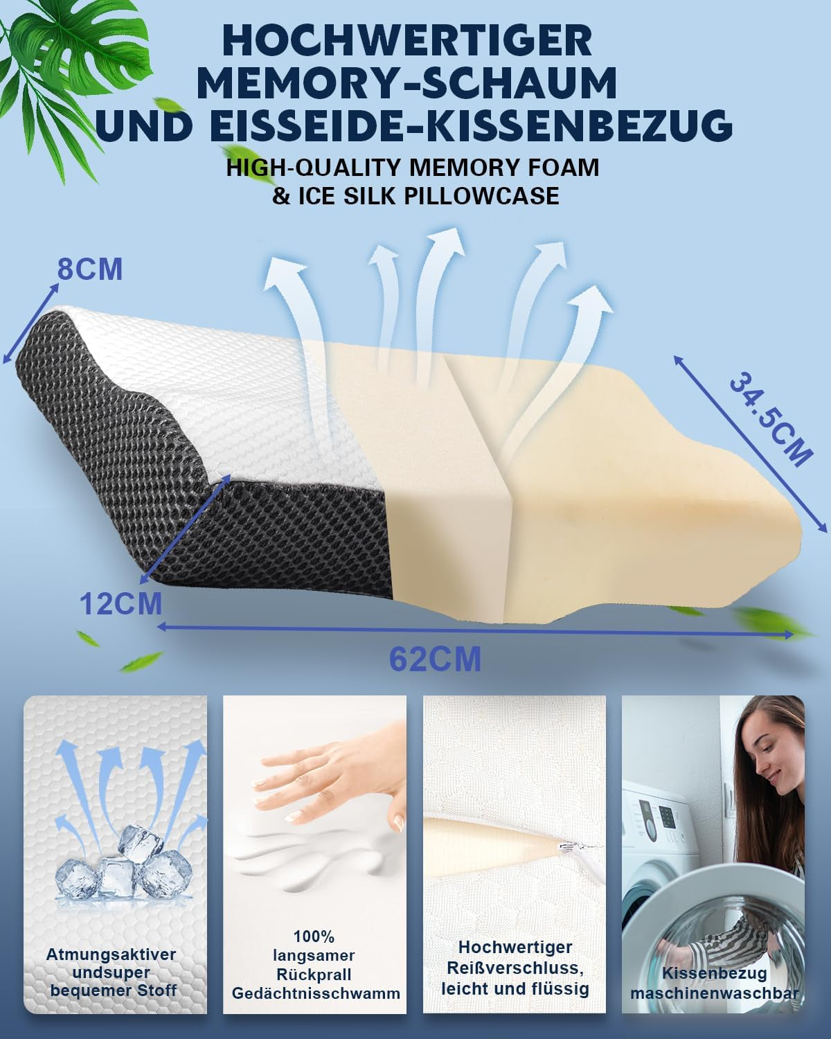 Pernă IDEA, pernă ortopedică ergonomică pentru dureri de gât, pernă din spumă de memorie pentru dormitori laterali, spate și abdominali, pernă anti sforăit pentru bărbați femei (62 * 34,5 * 12/8CM) Perne ortopedice cervicale Naty Shop