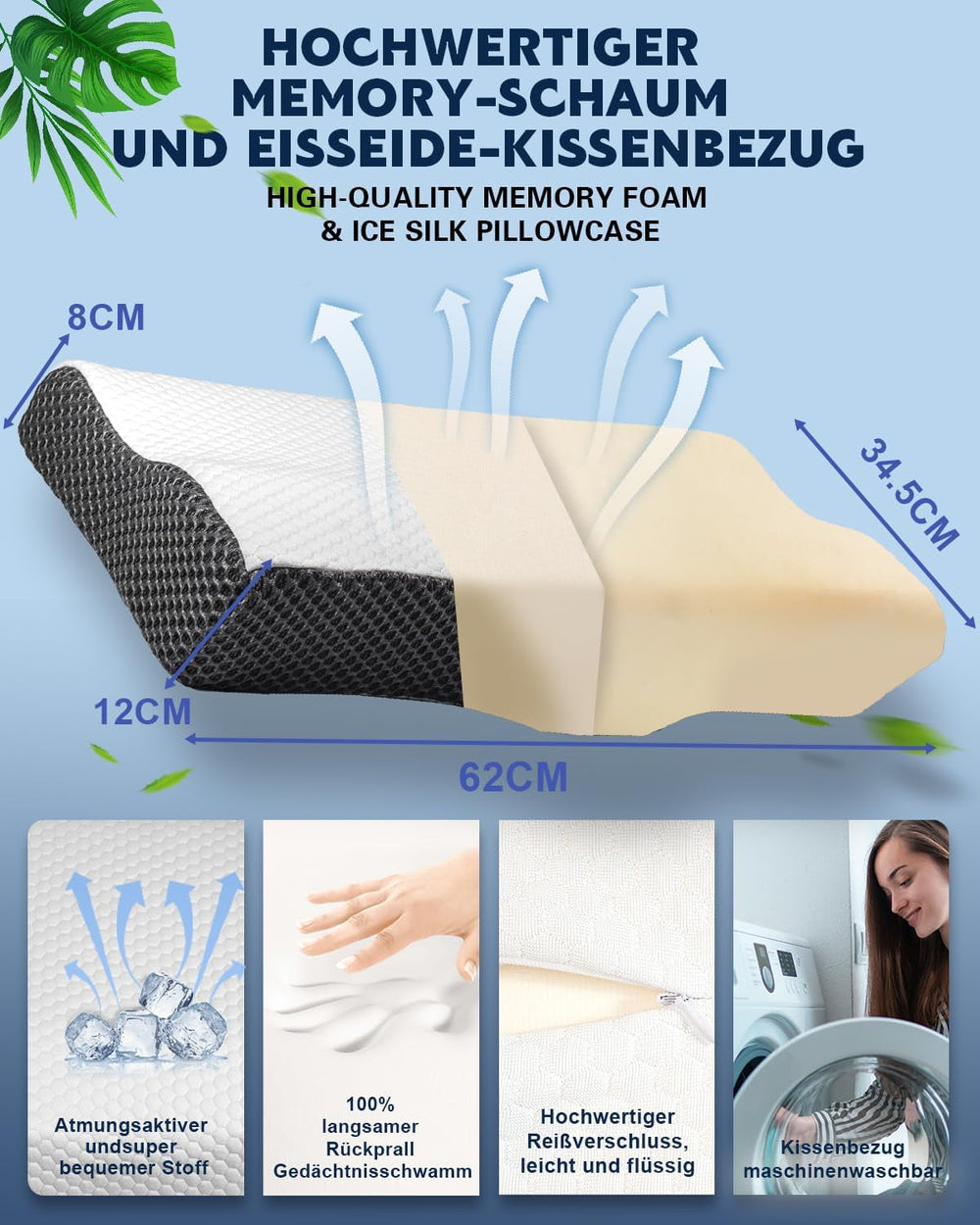 Pernă IDEA, pernă ortopedică ergonomică pentru dureri de gât, pernă din spumă de memorie pentru dormitori laterali, spate și abdominali, pernă anti sforăit pentru bărbați femei (62 * 34,5 * 12/8CM) Perne ortopedice cervicale Naty Shop