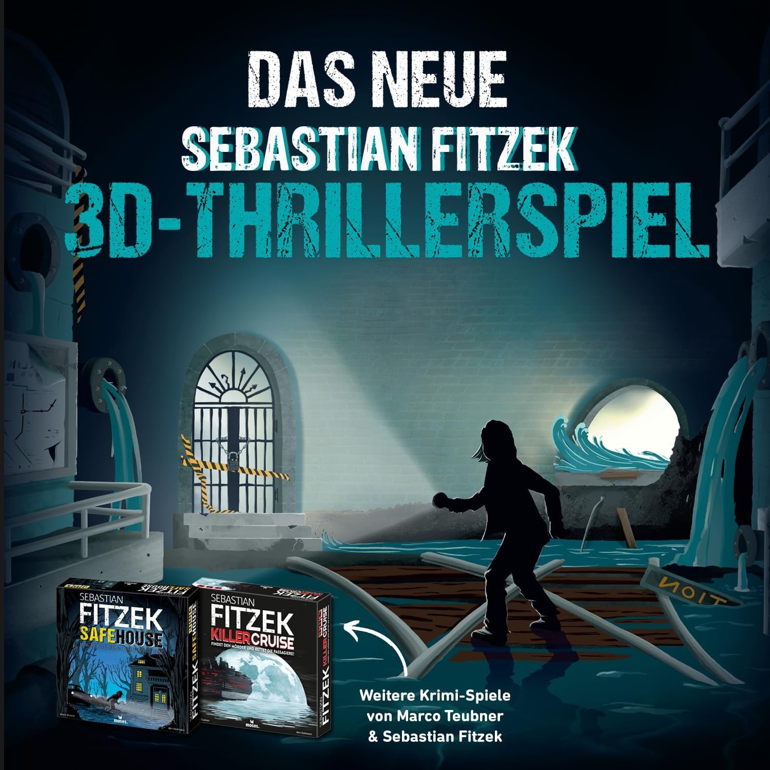 Moses. Sebastian Fitzek Underground, an innovative 3D thriller game for fans of escape games, a cooperative board game by Marco Teubner with different difficulty levels, for ages 12 and up.