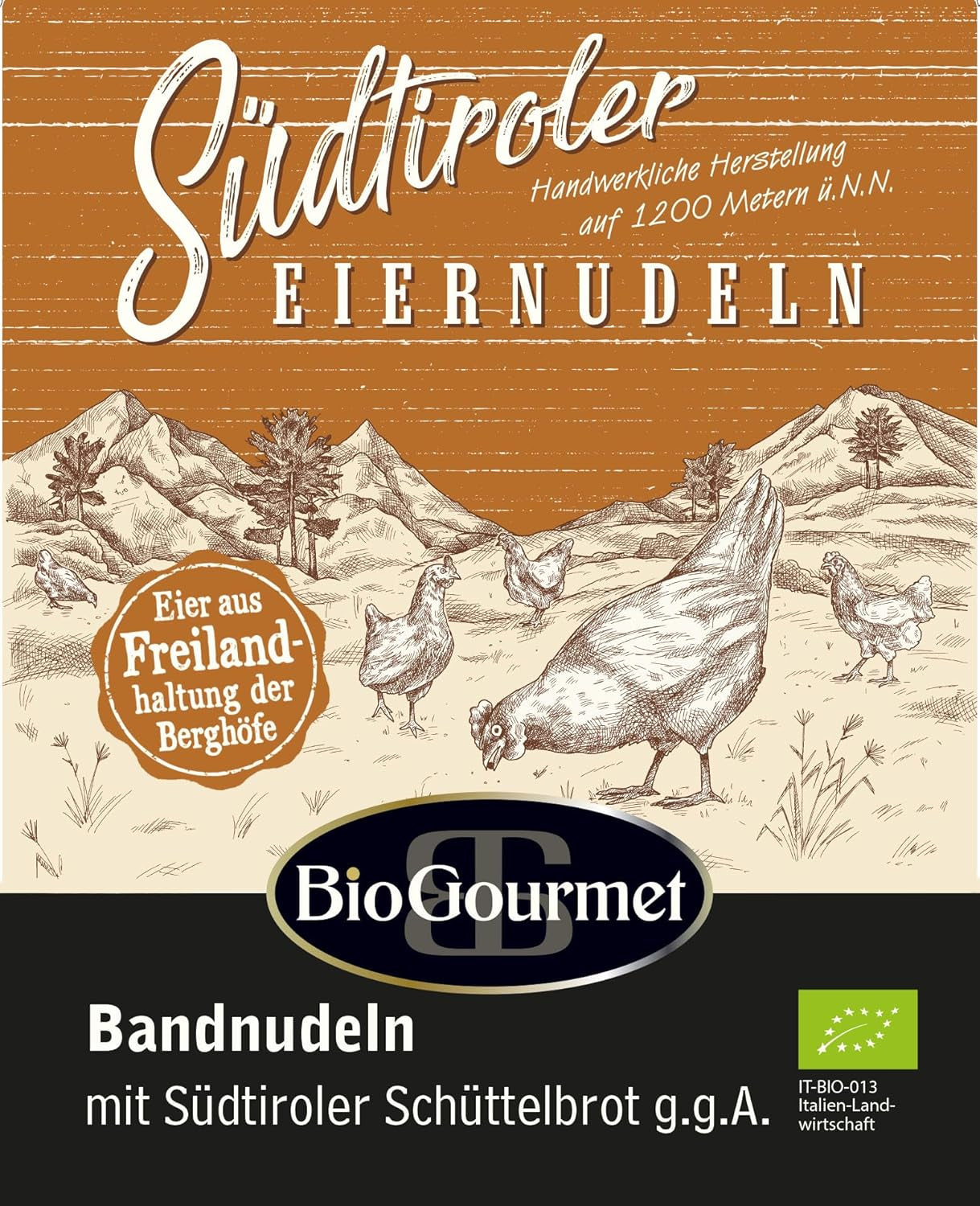 BioGourmet ribbon noodles with Schüttelbrot from South Tyrol (PGI) | Salted and flavored egg noodles with genuine speck from South Tyrol | 1 x 250g Bio
