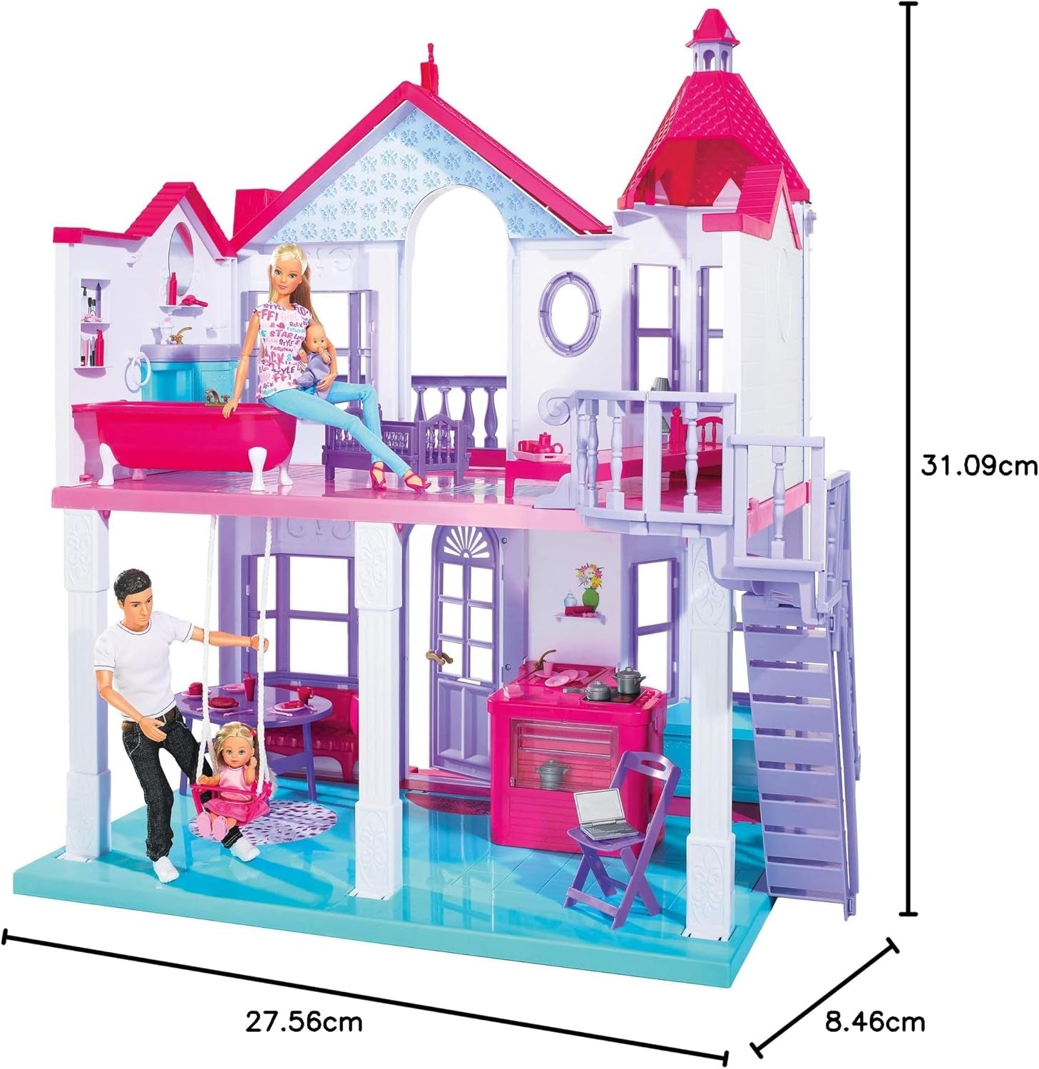 Simba 104661996 - Steffi Love Dreamhouse, Large Playhouse, 4 Rooms, NO PUPPETS, 84cm High, Two Tiers, Functional Bell, Collapsible Naty Shop Dollhouses