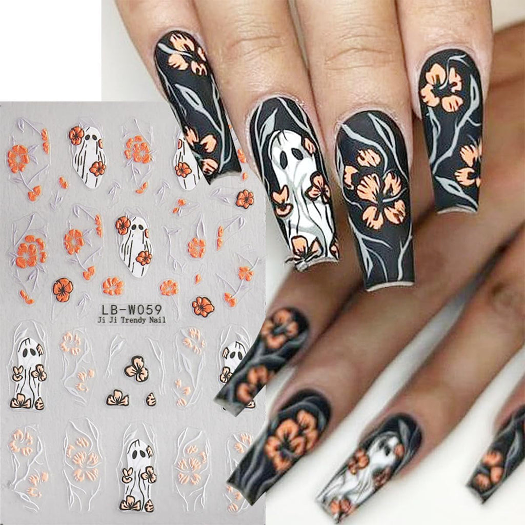 JMEOWIO Nagelsticker Halloween 9 Blatt Nail Art Sticker Selbstklebend Nagelaufkleber Süße Geisterblume Dekoration Nageldesign Zubehör