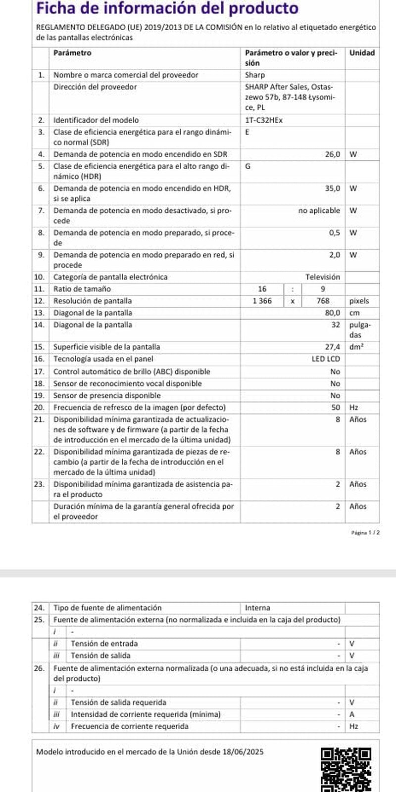 SHARP 32HE2345E – Televizor TiVo, 32" HD, fără ramă, 60 Hz, HDR10, sunet 2x8 W, 3x HDMI, 2x USB, culoare: negru