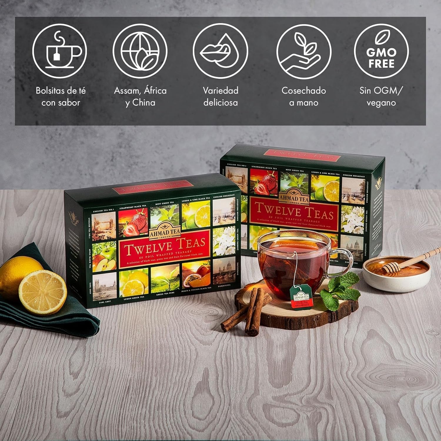 Ahmad Tea Twelve Teas – 12 sortimente de ceai negru și verde cu diferite arome – 60 pliculețe de ceai ambalate individual, sigilate pentru păstrarea aromelor, 120 g ceai