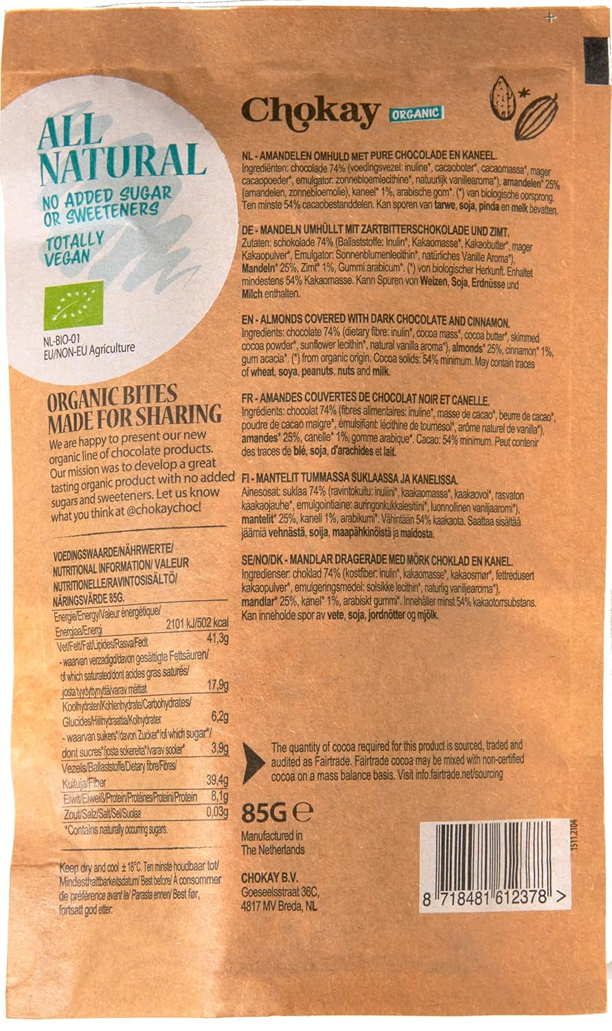 Set of 4 Organic Bites - Cinnamon Almonds/Cinnamon Almonds in Belgian Dark Chocolate/No Added Sugar, No Sweeteners/VEGAN & FAIR TRADE / 4 x 85g