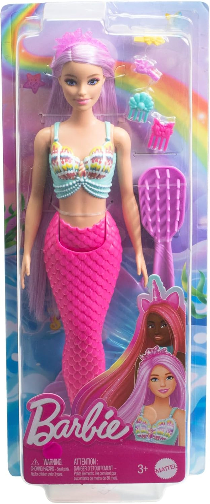 Păpușa Barbie Sirenă - cu păr lung roz și accesorii pentru coafare individuală, inclusiv perie, vârf frumos în formă de scoică și aripioară caudală roz, pentru copii cu vârsta de 3 ani și peste, HRR00