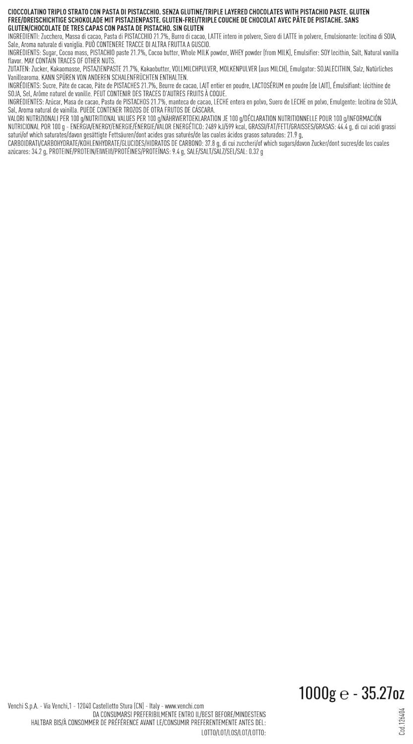 Venchi – Cremino Dark Chocolate with Pistachio, Pralines in a 1 kg bag, with Dark Chocolate and Whole Pistachio, Gluten Free, Color Free and Preservative Free