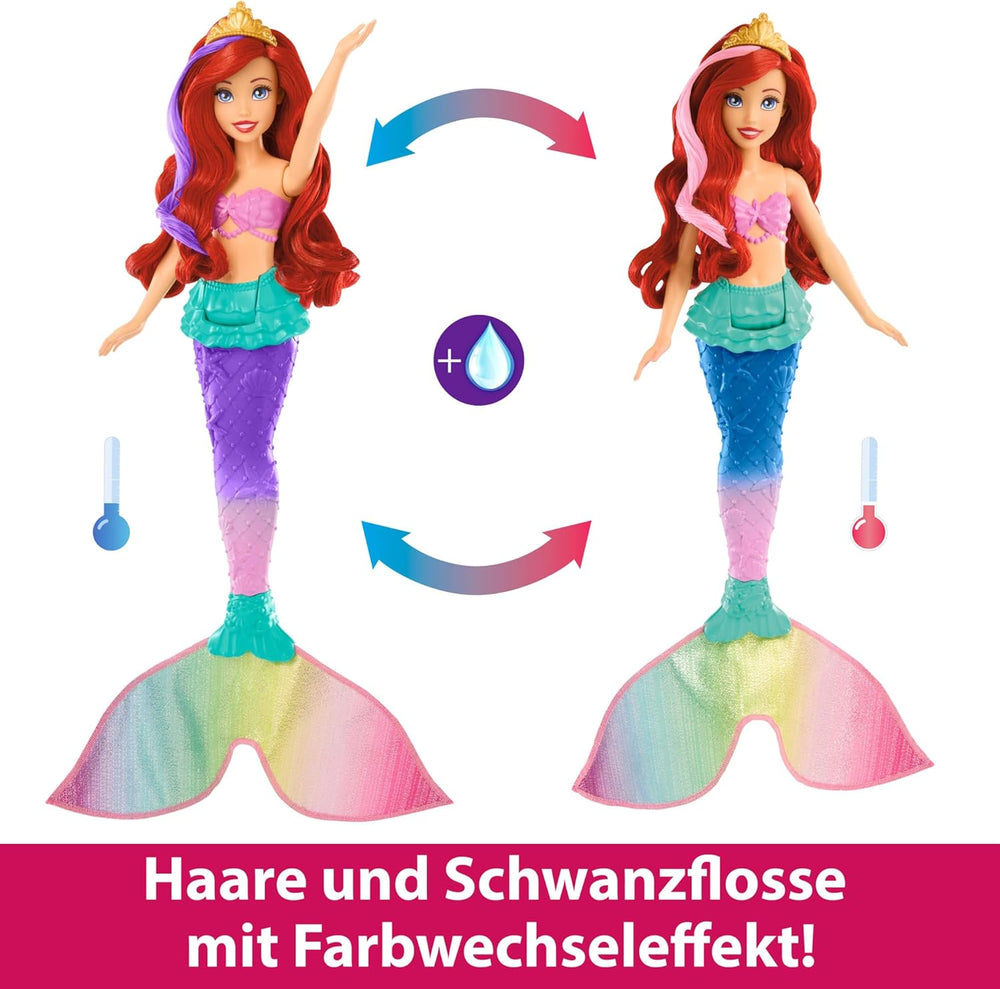 Mattel DISNEY Arielle - Meerjungfrauenpuppe mit Farbwechseleffekt, inklusive Seepferdchen-Freund, Diadem, Halskette und Dingelhopper für Unterwasserabenteuer, HPD43