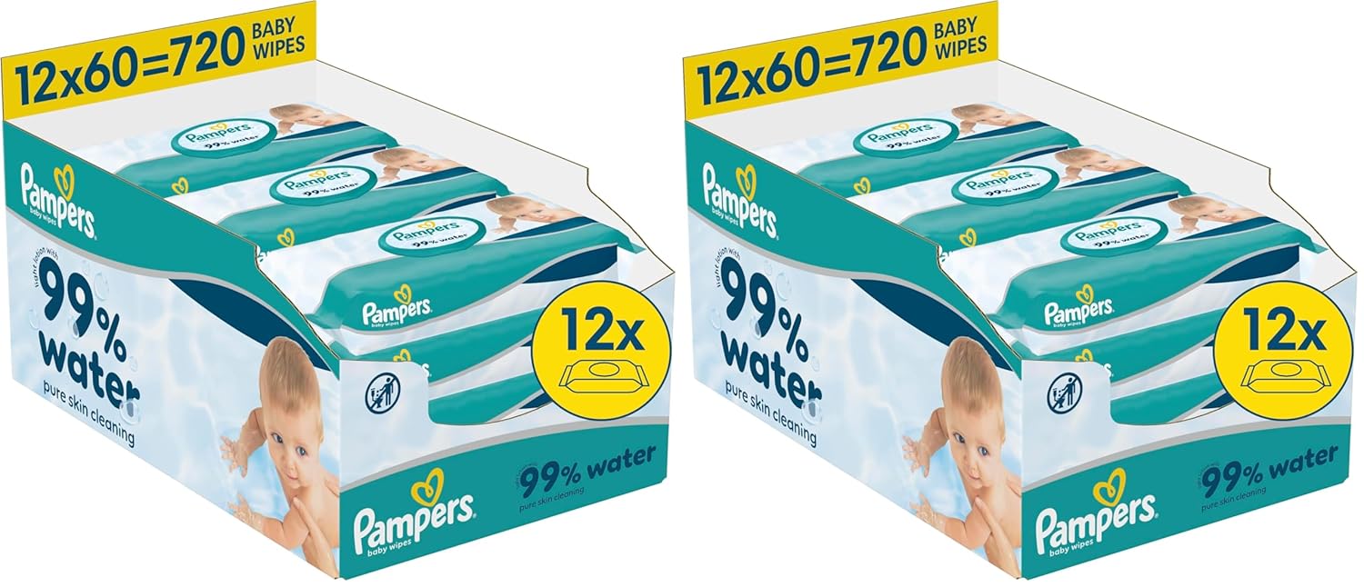 Pampers 99% Water Baby Wipes, 12 Packs of 60 Wipes Each = 720 Baby Wipes, Light Lotion 99% Water