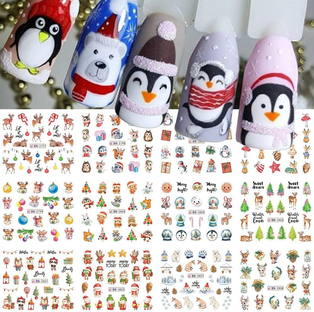 Autocolante 3D pentru unghii de Crăciun, autoadezive, cu transfer de apă, brad de Crăciun, fulg de nea, elan, pinguin, artă pentru unghii de Crăciun, design pentru unghii de iarnă, autocolante de Crăciun, accesorii pentru unghii