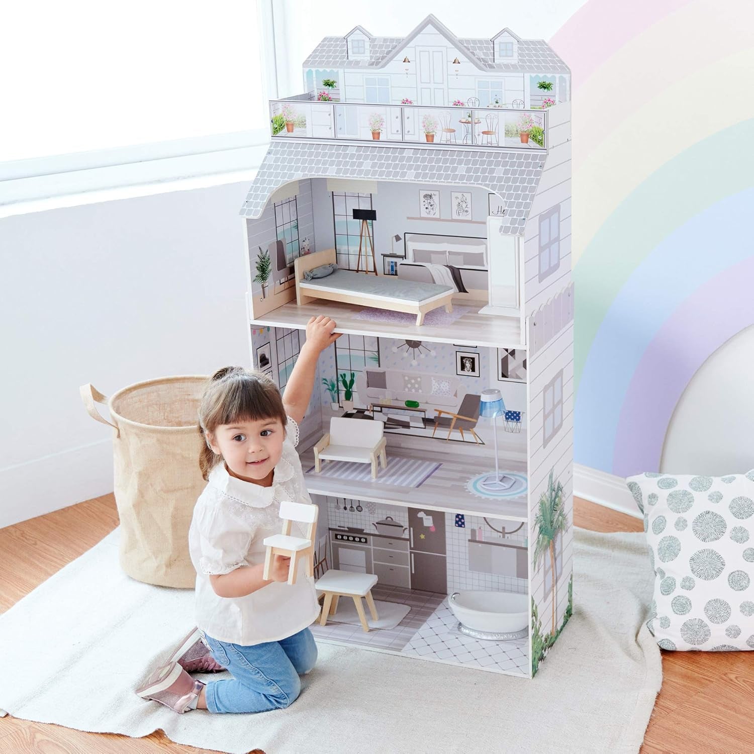 Teamson Kids Casa de păpuși gigantică Olivia's Little World cu mobilier și accesorii, casă de păpuși din lemn, joc cu 3 etaje pentru păpuși de 30 cm, vârste 3+