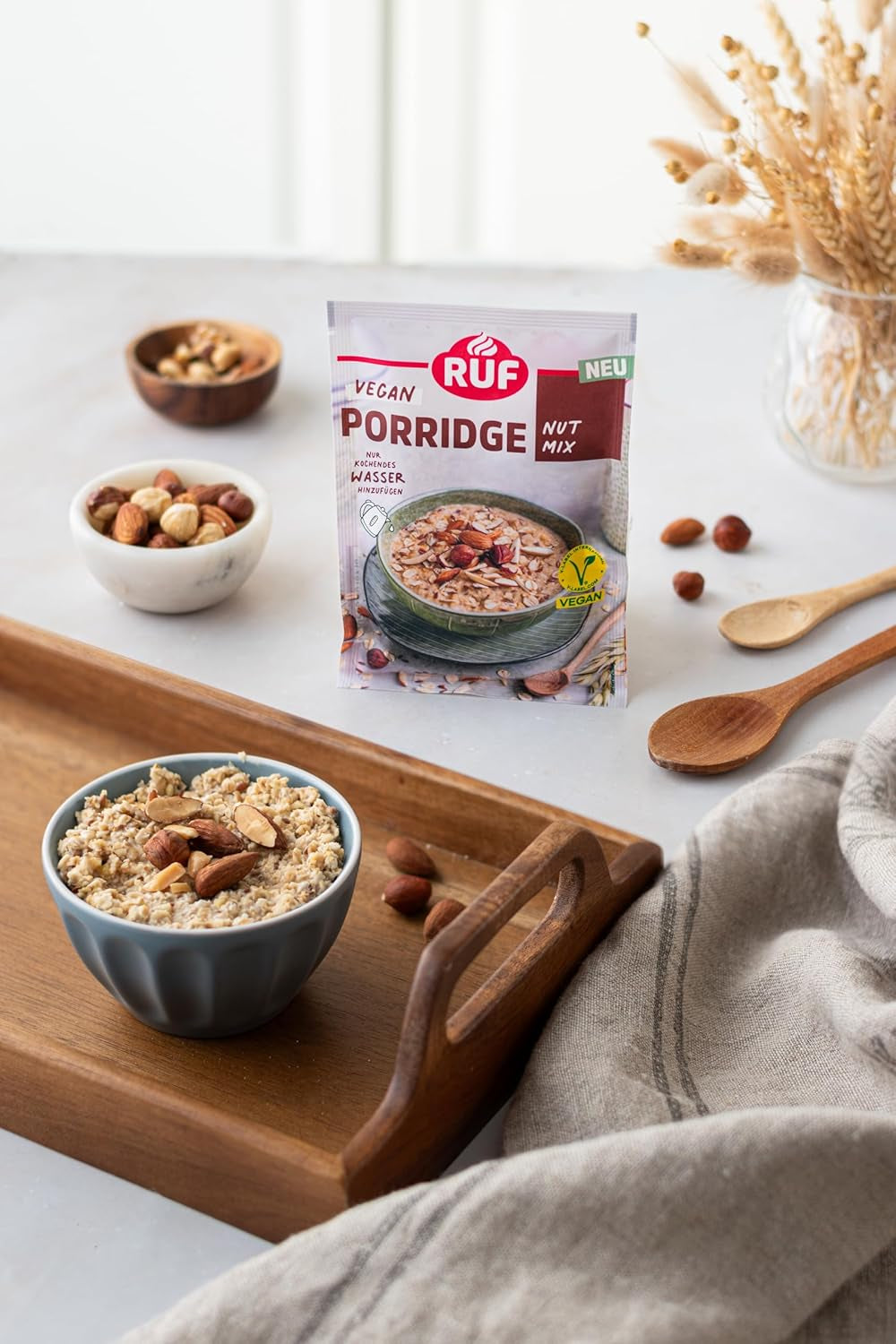 RUF Vegan Porridge with Nuts and Oats, oat flakes with almonds, hazelnuts and flax seeds, easy to prepare, in a practical portion pack, 1 x 60 g