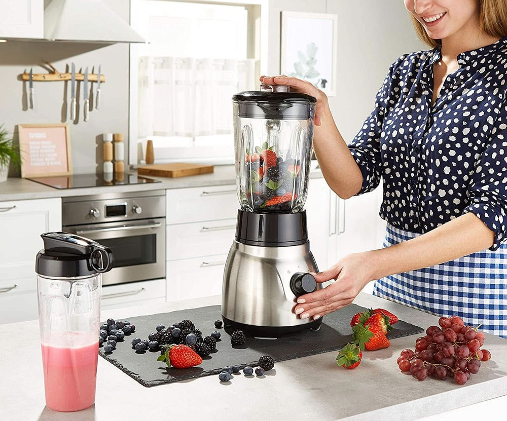 Russell Hobbs Standmixer 2-In-1 [1.5L Glasbehälter Mixer & 0.6L Mini Smoothie Maker -To-Go-Trinkflasche Inkl. Deckel] Spülmaschinenfest, Impuls-/Ice-Crush Funktion, Becher BPA Frei, Edelstahl 23821-56 Kitchen Naty Shop