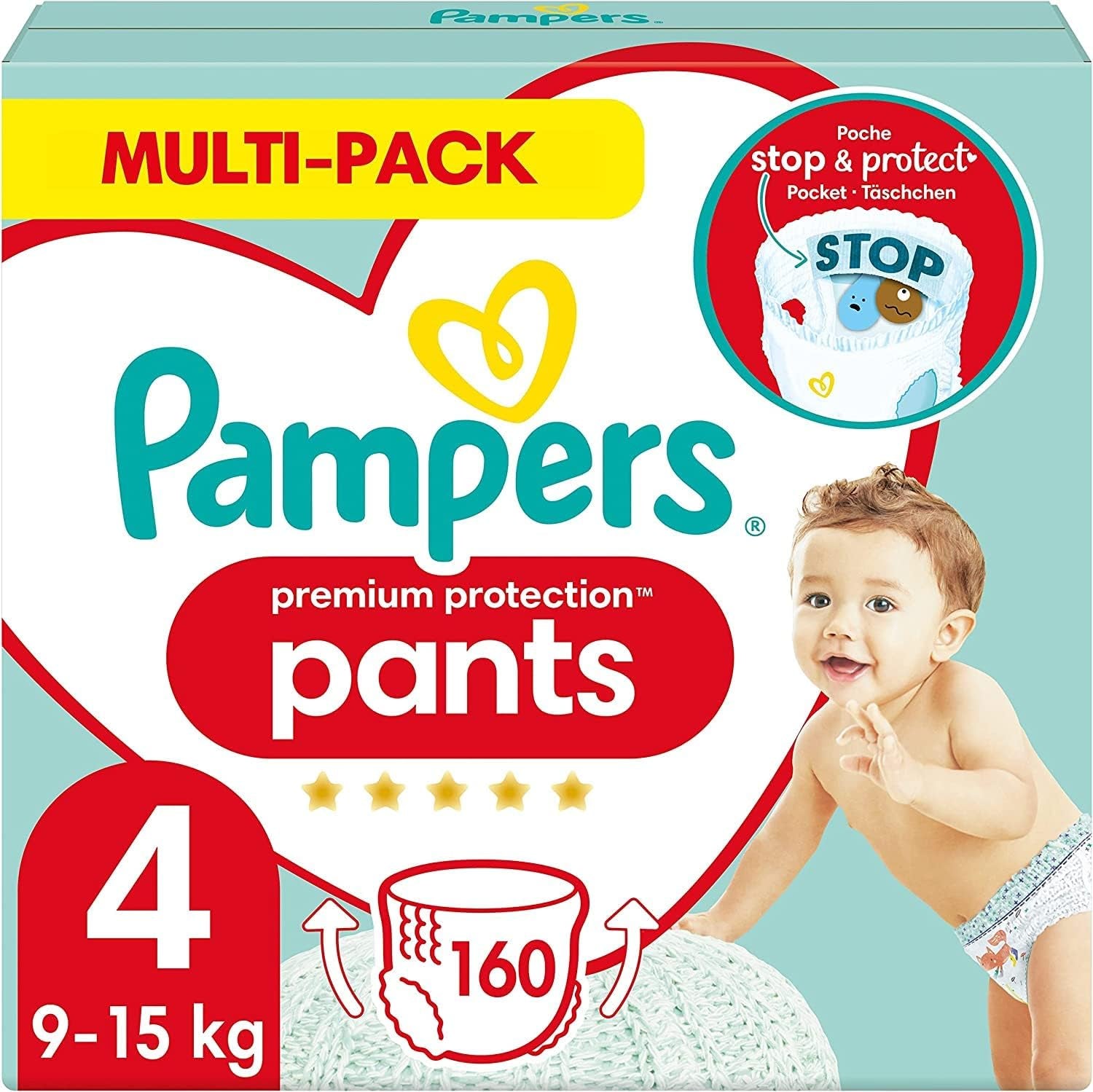 Pampers Premium Protection Pants Size 7, 123 Diapers, 15kg+, with 360° adjustment and soft anti-leak cuffs for optimal comfort and protection