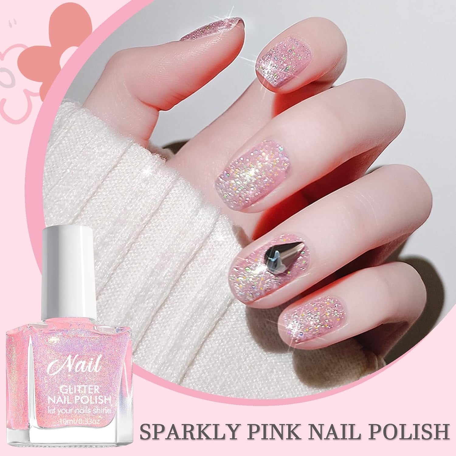 Pink Glitter Nail Polish - Non-Toxic Water Based Nail Polish for Women - Quick Dry Nail Polish - Reflective Glitter Nail Polish for DIY Nail Art at Home (Transparent Pink, 10ml)