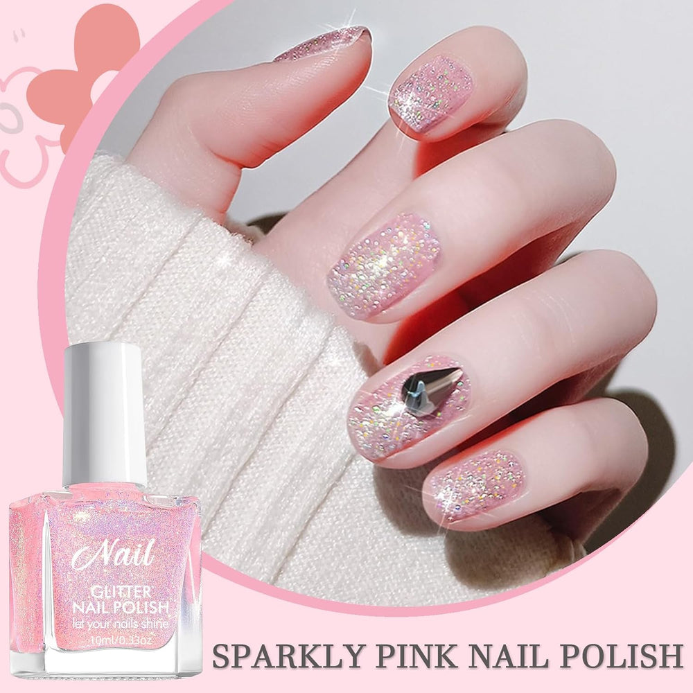 Pink Glitter Nail Polish - Non-Toxic Water Based Nail Polish for Women - Quick Dry Nail Polish - Reflective Glitter Nail Polish for DIY Nail Art at Home (Transparent Pink, 10ml)