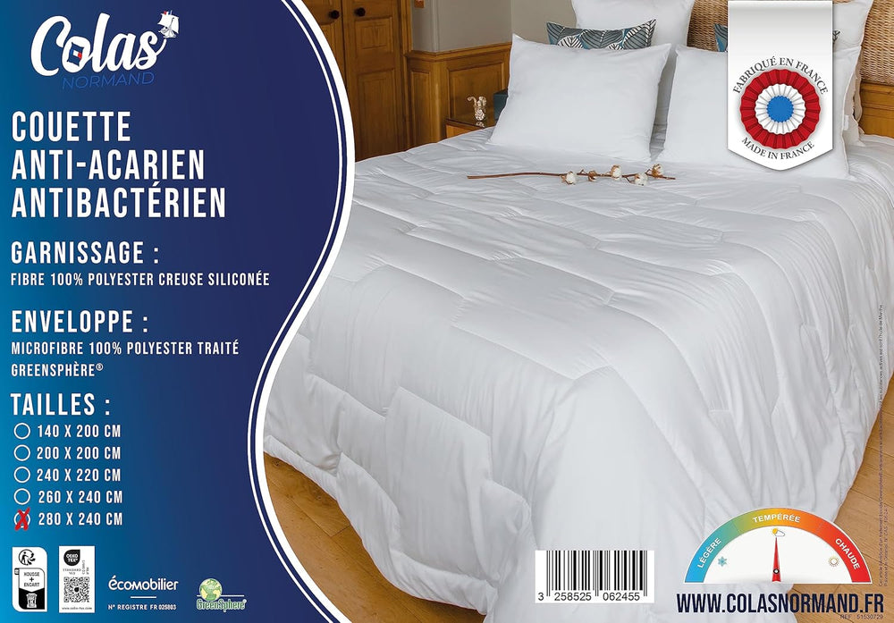 COLAS NORMAND - Quilt against mites and bacteria - Temperate - 280 X 240 Cm - Long-lasting effect - Perfect hygiene - Microfibre - Soft and comfortable - Washable Quilts and quilts Naty Shop