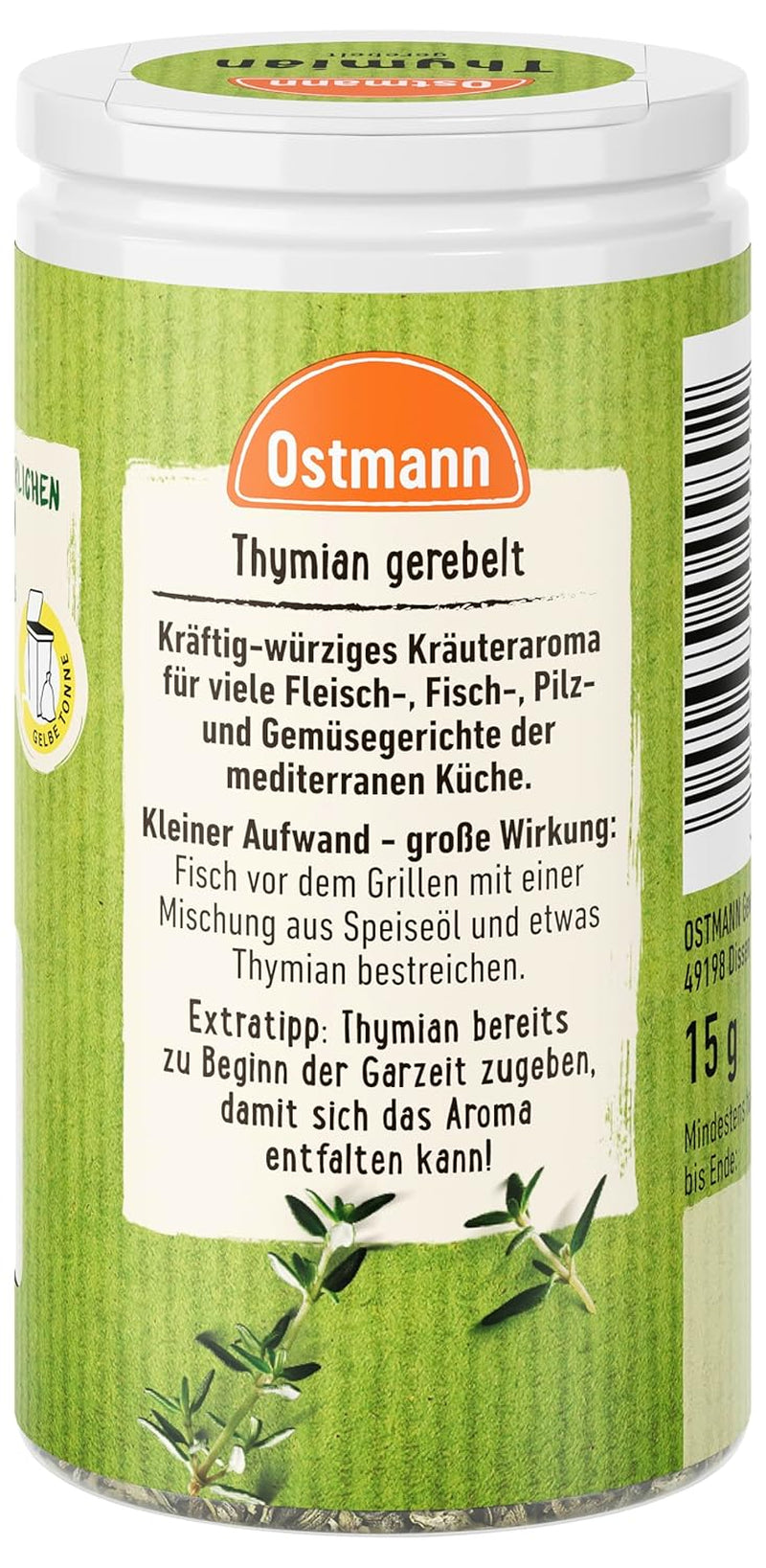 Ostmann Thyme gerebelt 15 g Thyme-Gewürz für viele Fleisch-, Fisch-, Pilz-, und Gemüsegerichte der Mediterranen Küche, Amount: 1 Stück