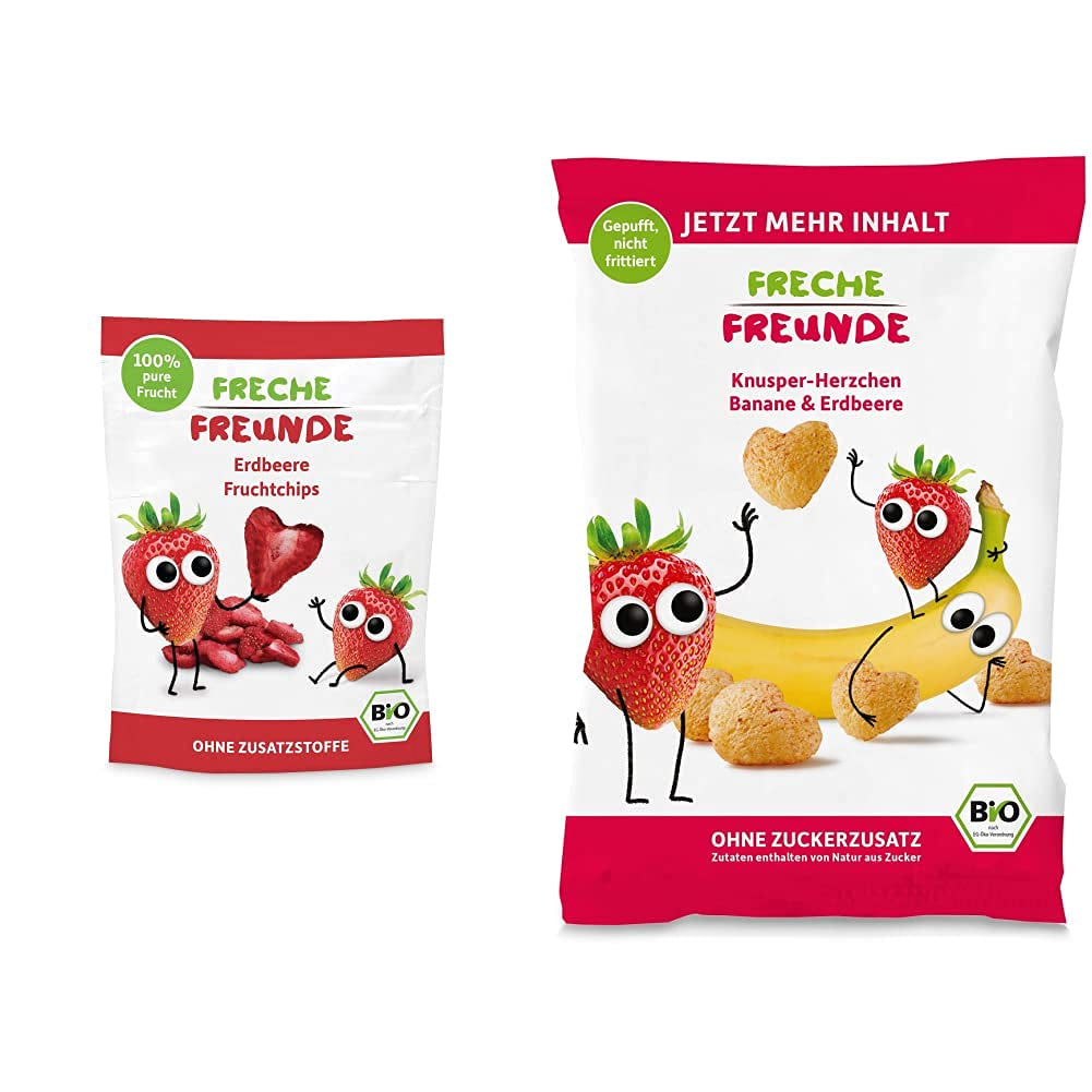 100% Strawberry Organic Fruit Chips Freeze Dried Strawberry Chips Pack of 12 (12 x 12g) and Crispy Hearts Banana & Strawberry Organic Kids & Baby Snack (9 x 30g) 270g