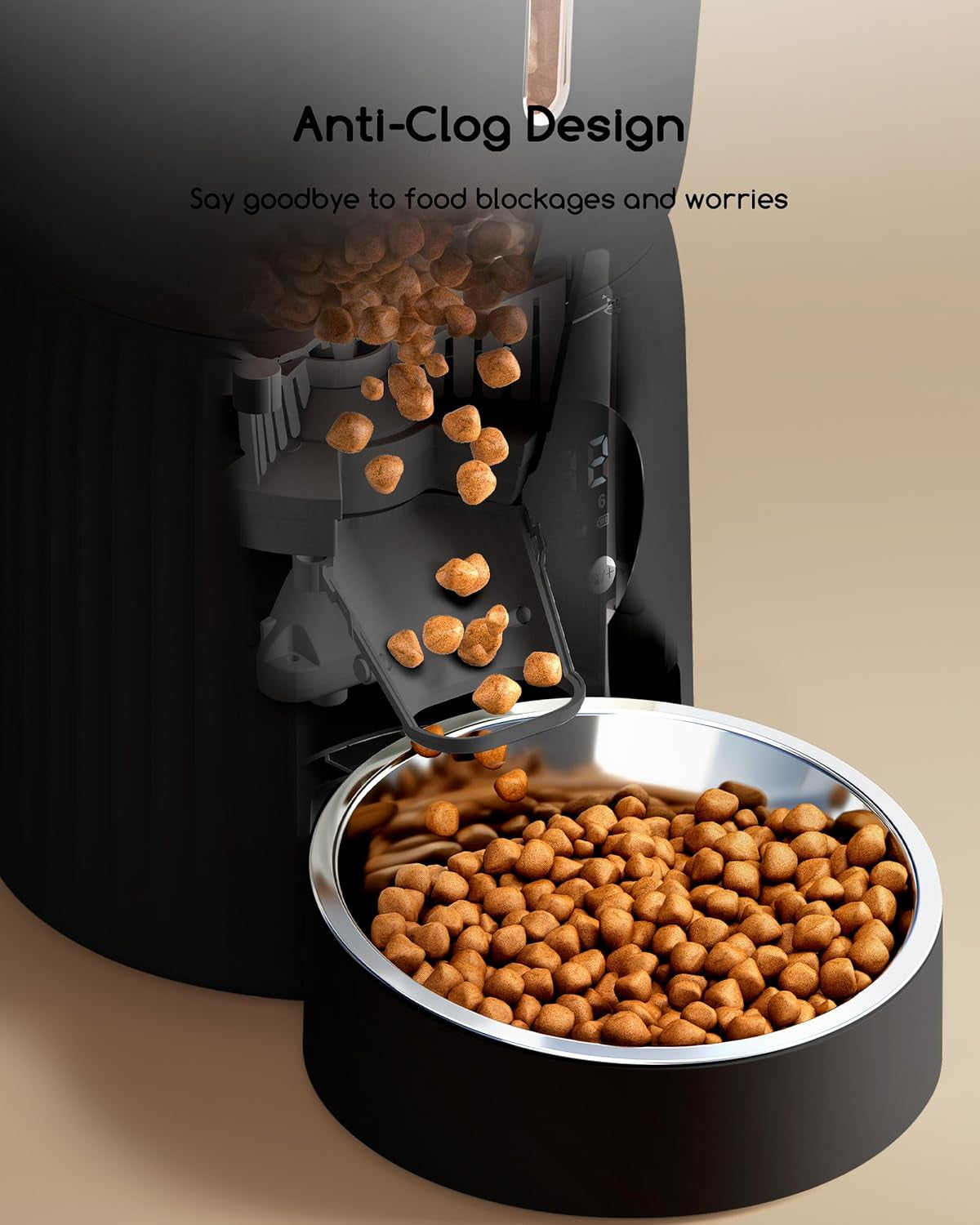 Faroro Futterautomat Katze, 4L Katzenfutter Automat, Futterspender Katze Mit 1–6 Mahlzeiten Per Tag, Portionskontrolle, 10s Sprache, Langsames Füttern (Schwarz)