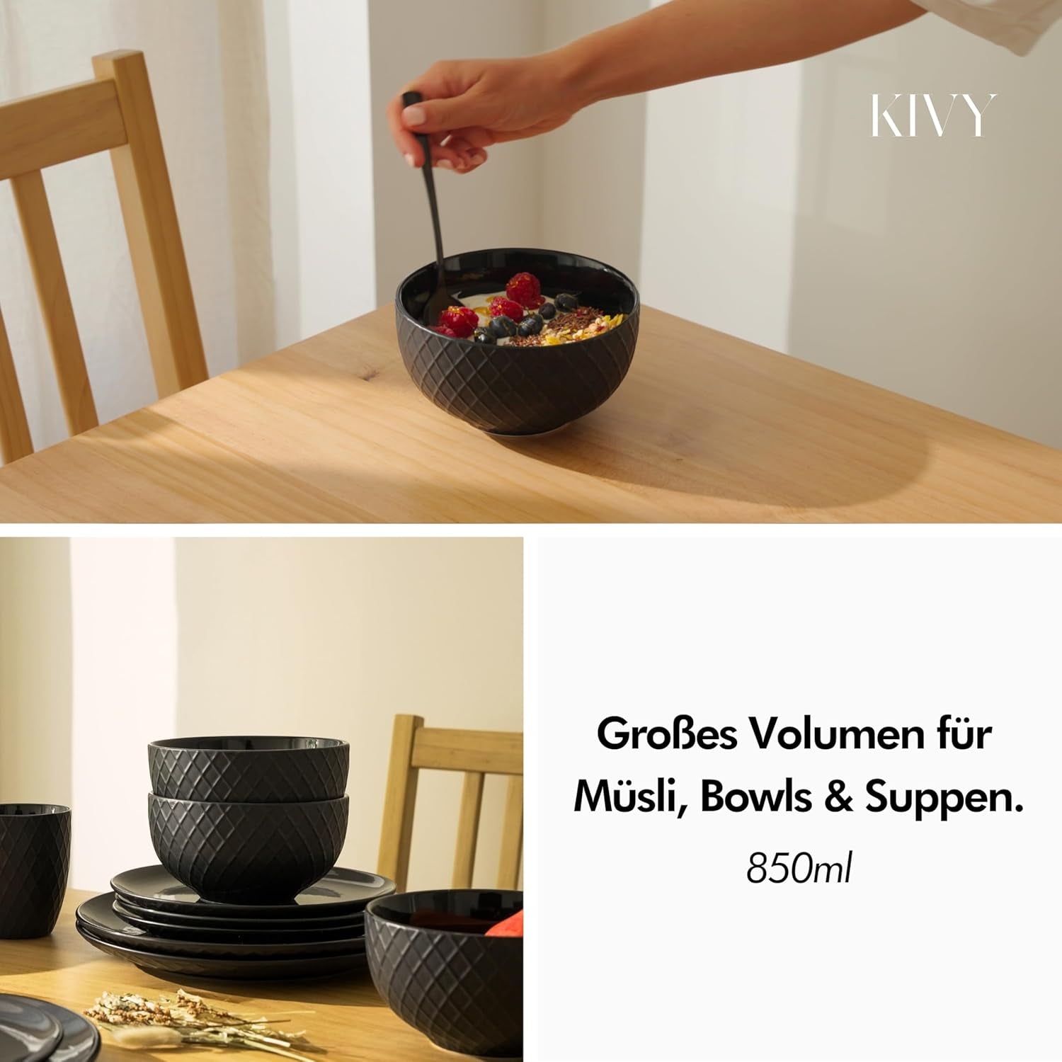 Set de boluri pentru cereale KIVY - 6 x 850ml - Boluri mari, supe și terci - Bol pentru supă - Bol - Boluri pentru cereale - Boluri pentru supă - Set de boluri - Bol ceramic pentru cereale (alb crem, boluri)