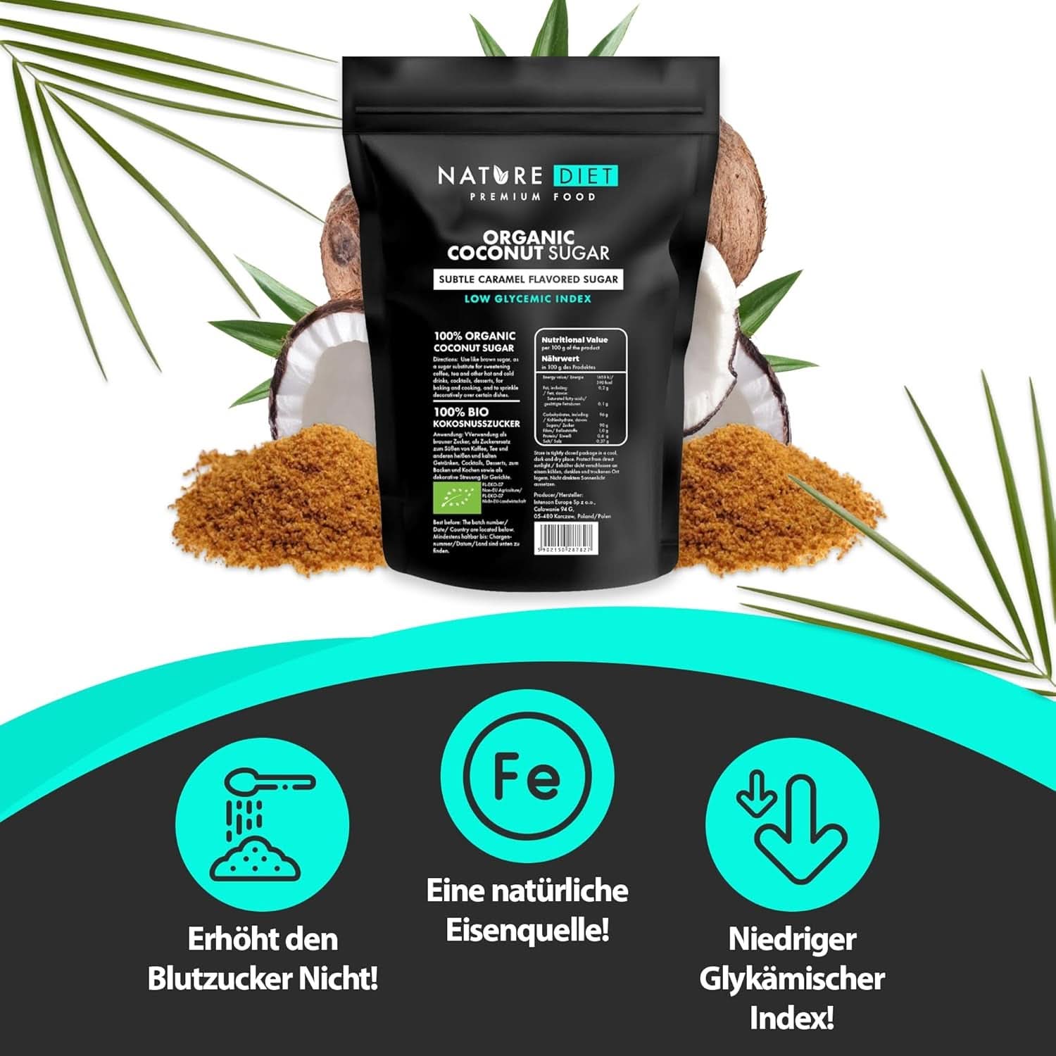 Organic coconut sugar, caramel flavor, 1.5 Kg Sweeteners Naty Shop