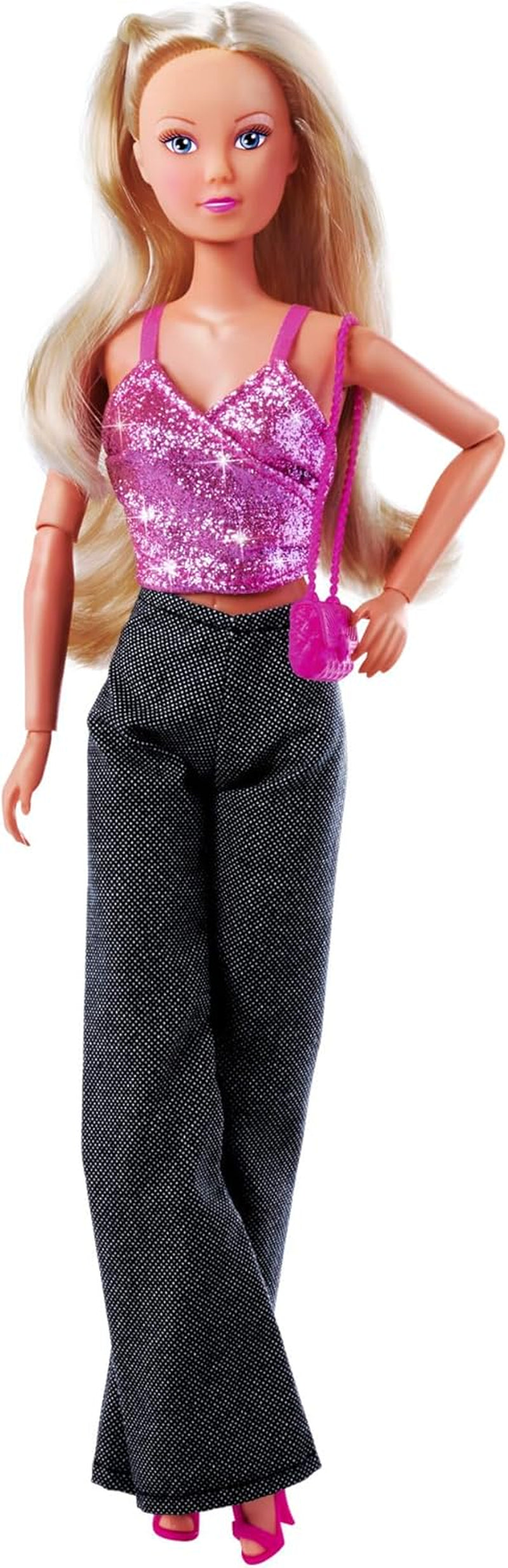 Simba Steffi Love Jeans & Glitter, asortat în 2 moduri, este inclus UN singur articol, top cu sclipici cu blugi și accesorii la modă, pentru păpuși de 29 cm, păpușa nu este inclusă, vârste 3+