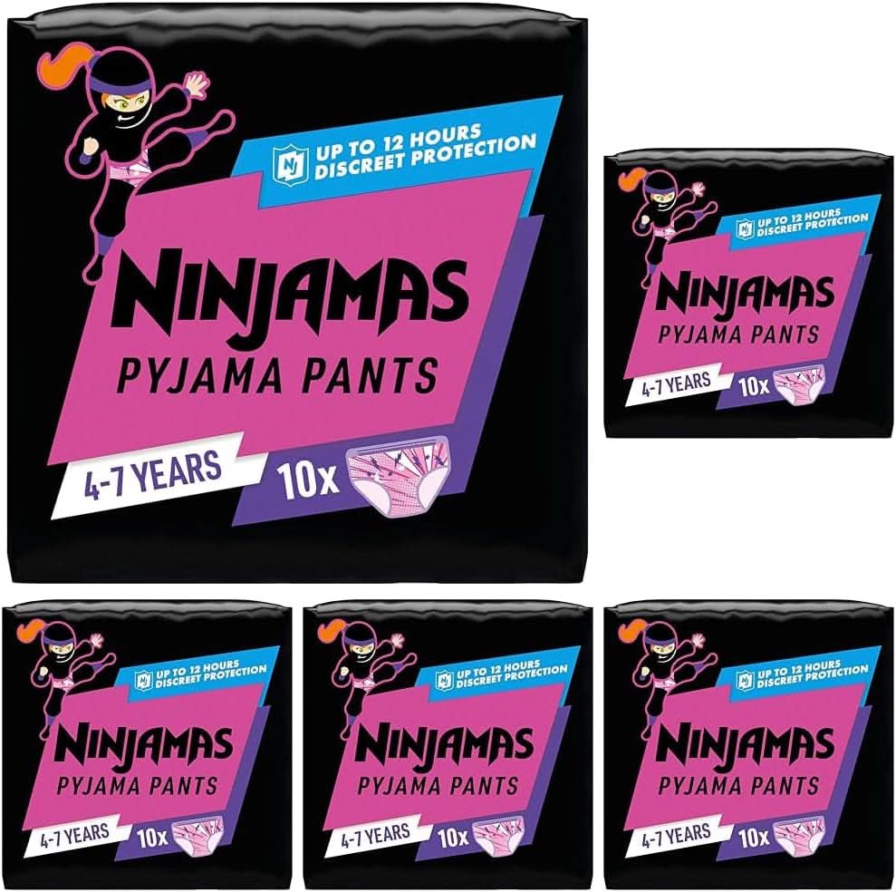 Ninjamas Spaceship Pajama Pants, 10 Absorbent Night Pants, 7 Years, 17Kg-30Kg Mother and Baby Naty Shop 50 Pieces Girls, 4-7 Years