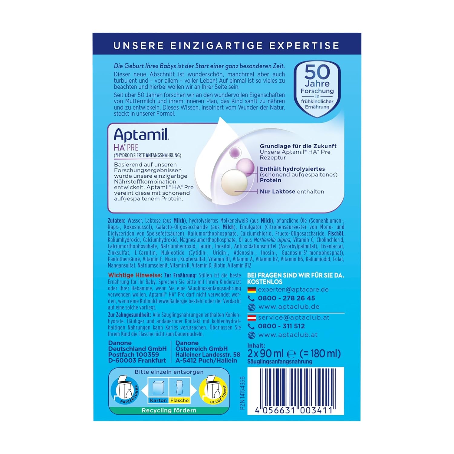 Aptamil HA Pre Ready to Drink – Hydrolyzed milk for infants from birth – 4 x 2 x 90 ml