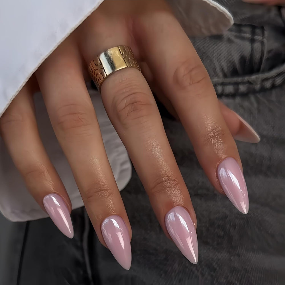 Unghii cromate autoadezive - Unghii maro cu sclipici pentru lipire, culoare migdale medii, unghii false strălucitoare, unghii artificiale pentru lipire, unghii acrilice glazurate pentru femei, 24 bucăți