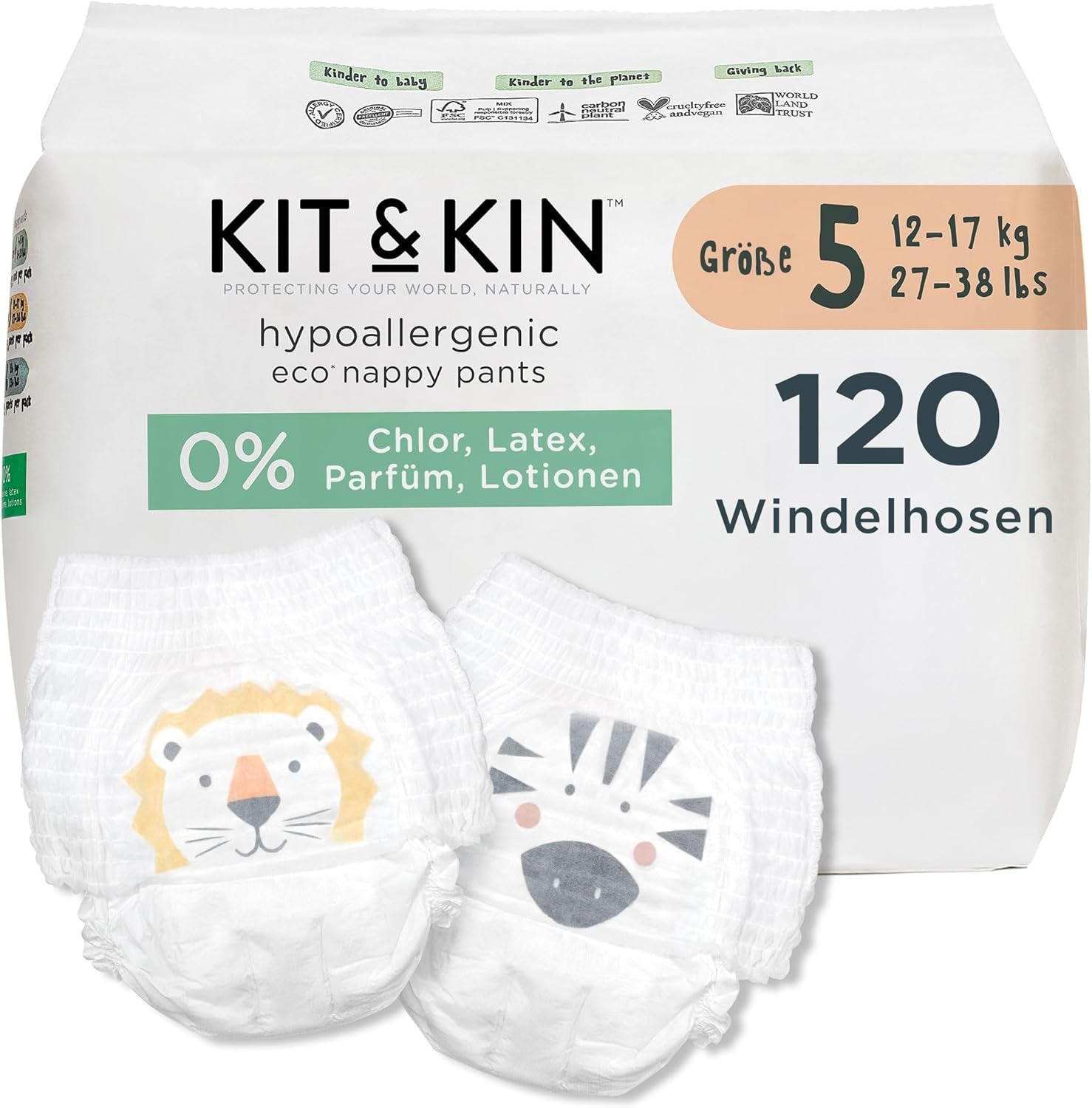 Kit & Kin Premium Eco Diapers, Size 4 (9-16kg), 132 Diapers, Plant Based & Hypoallergenic, Reliable Leak Protection, Vegan & Cruelty Free